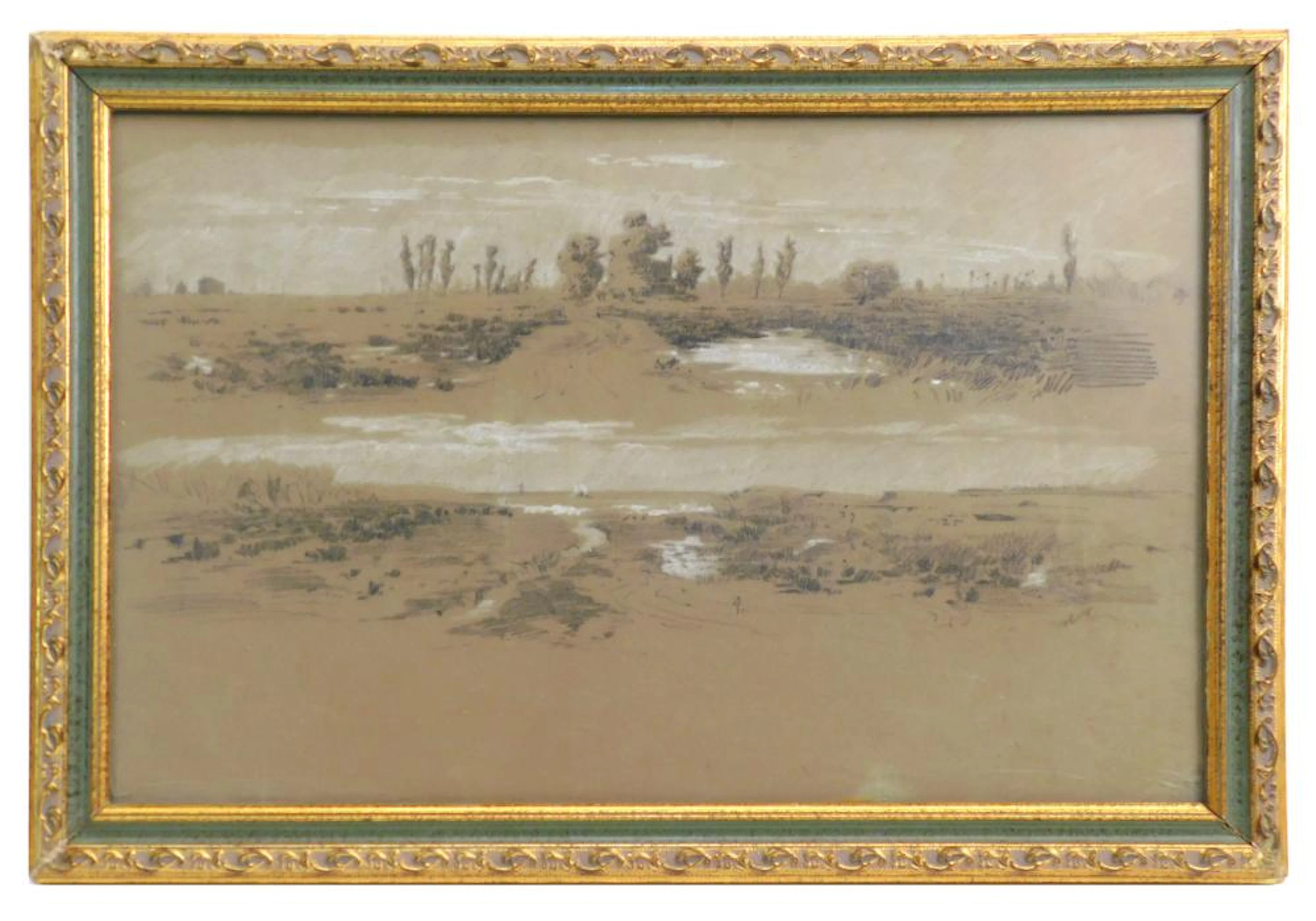 ANÓNIMO S.XIX "Paisaje" dibujo al carbón y pastel sobre papel 31.5x48.5 cm.