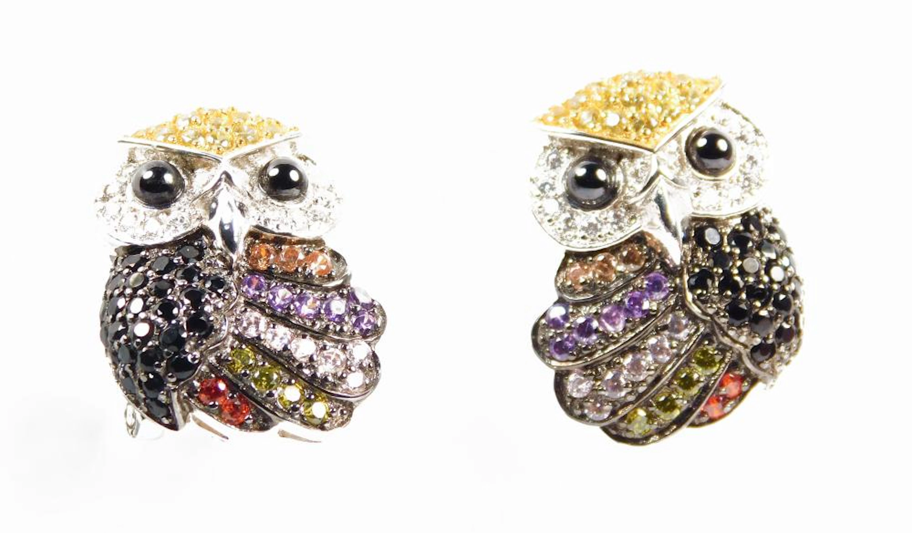 PENDIENTES "BUHOS" en plata y circonitas de colores con cierre omega