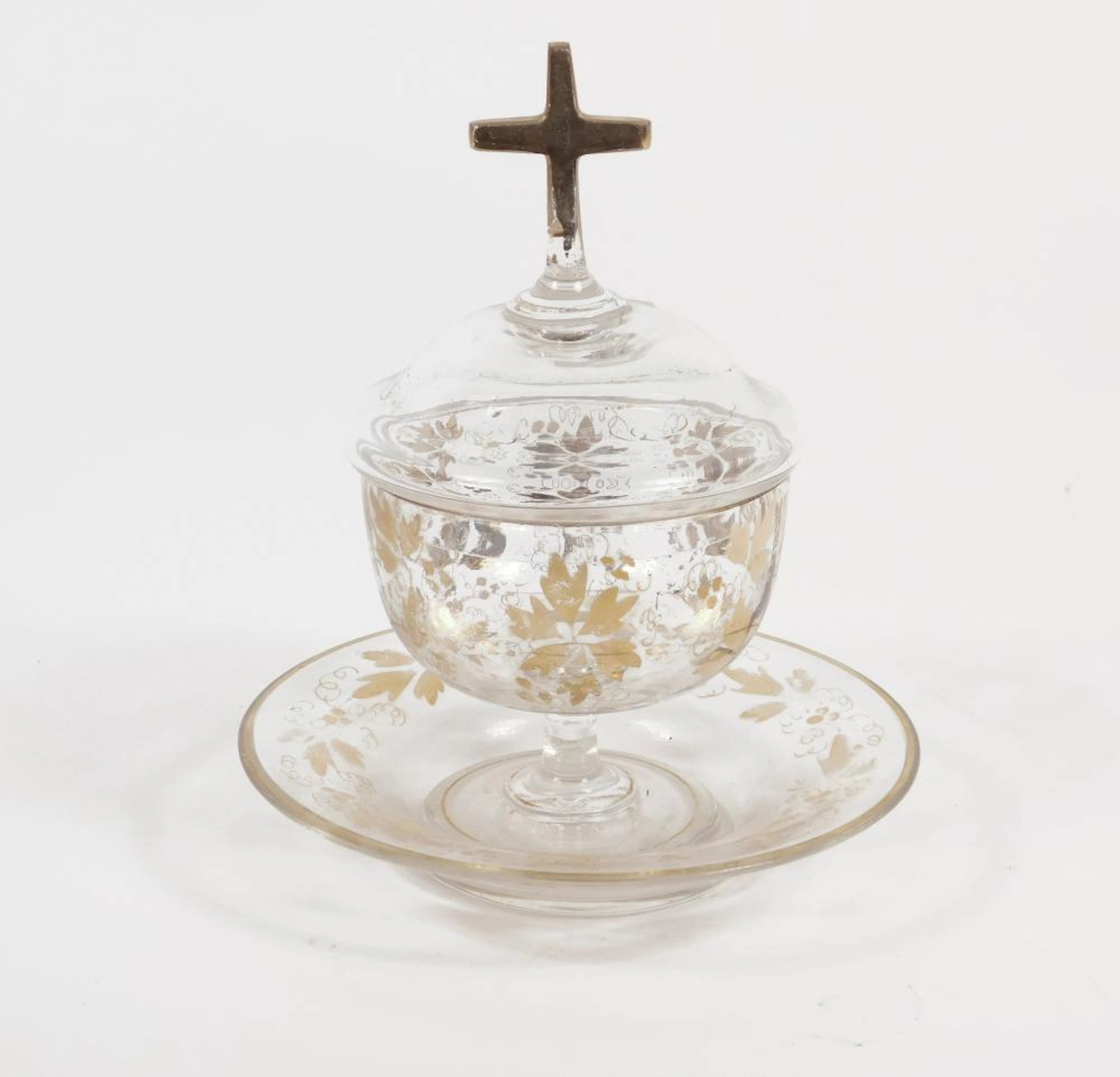RECIPIENTE LITÚRGICO ANTIGUO en cristal de la Granja parcialmente dorado