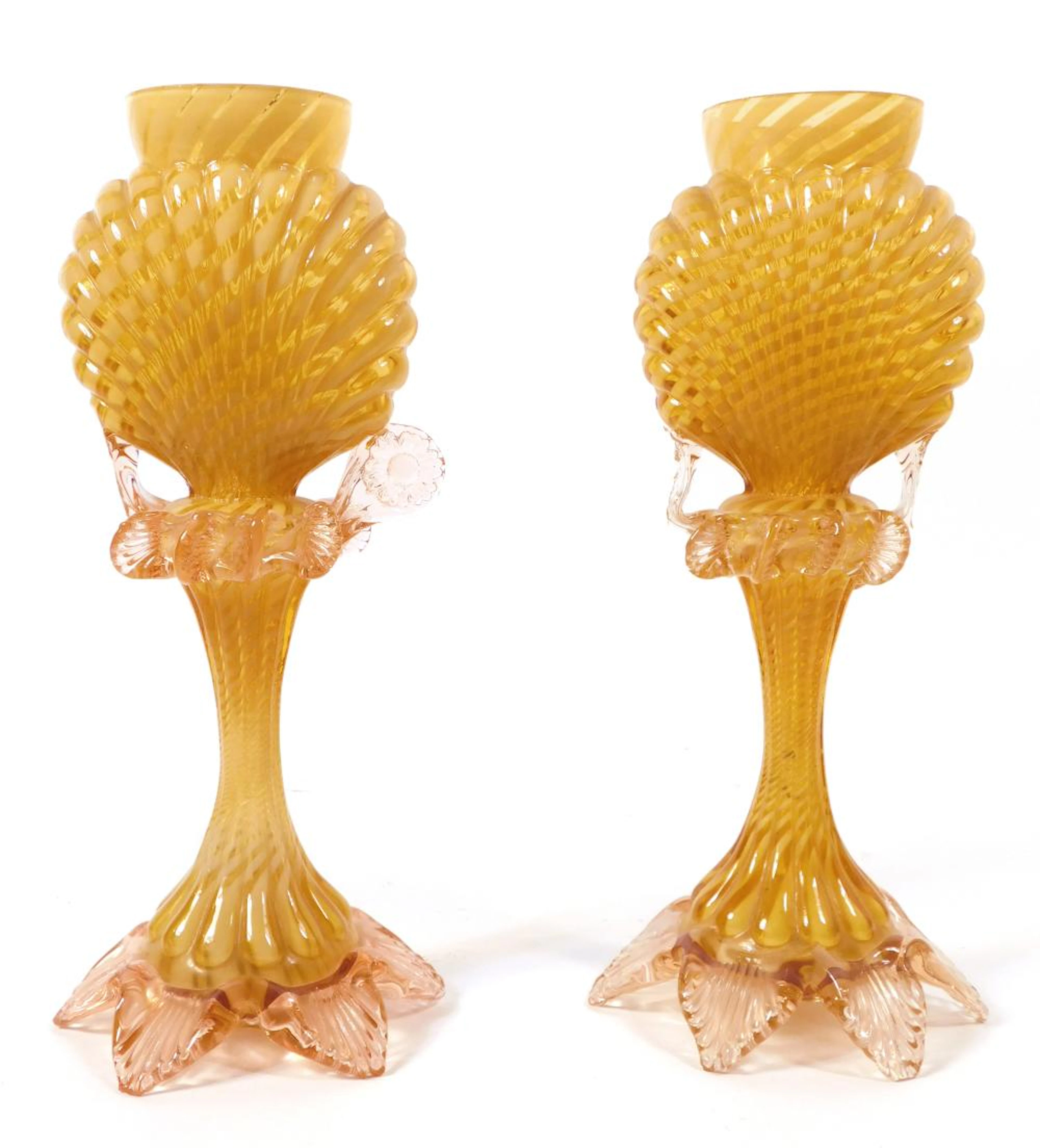 PAREJA DE JARRONES DE MURANO CIRCAN 1900 en cristal soplado color ámbar