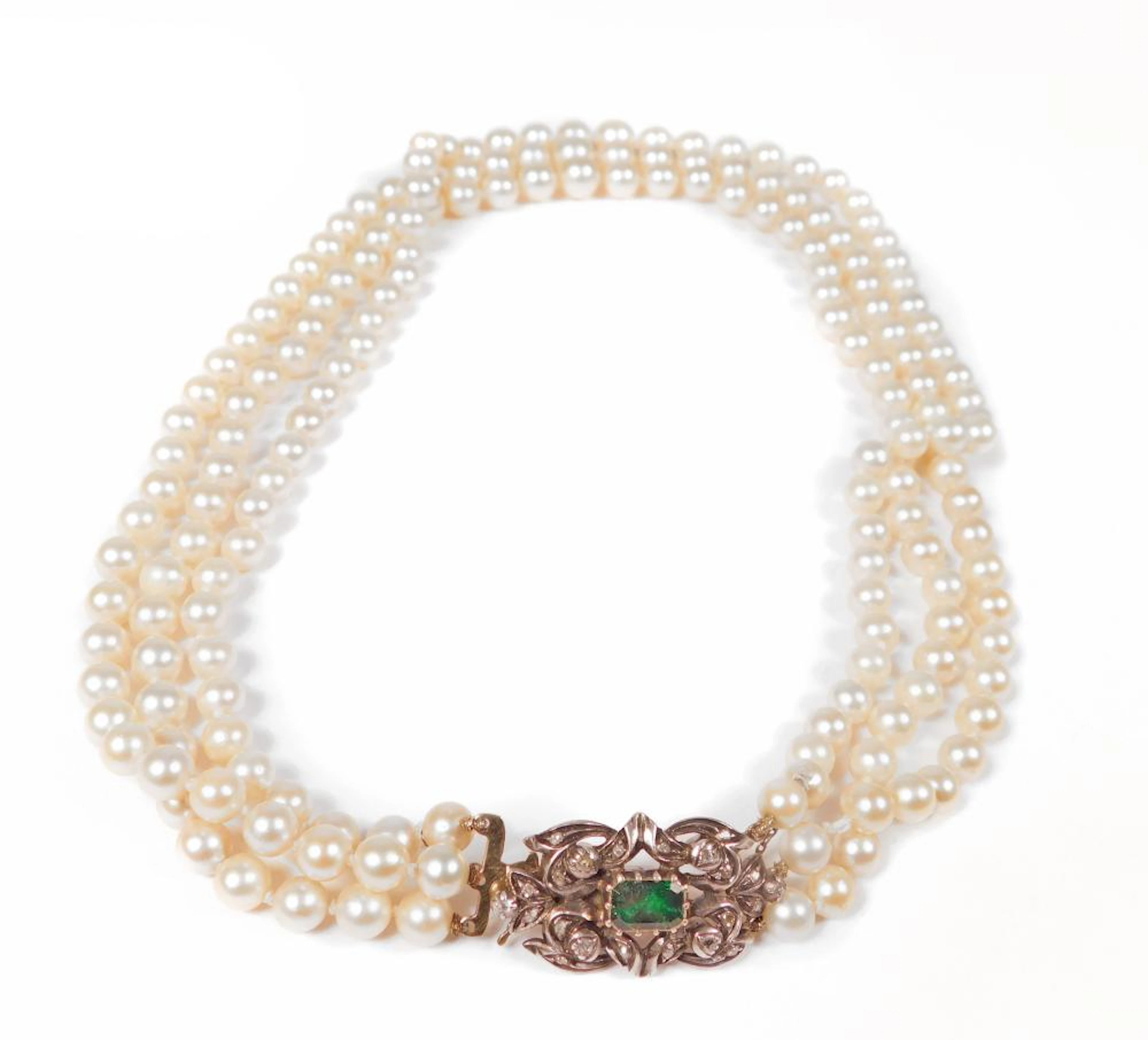 COLLAR TRIPLE DE PERLAS broche en oro blanco con vistas...