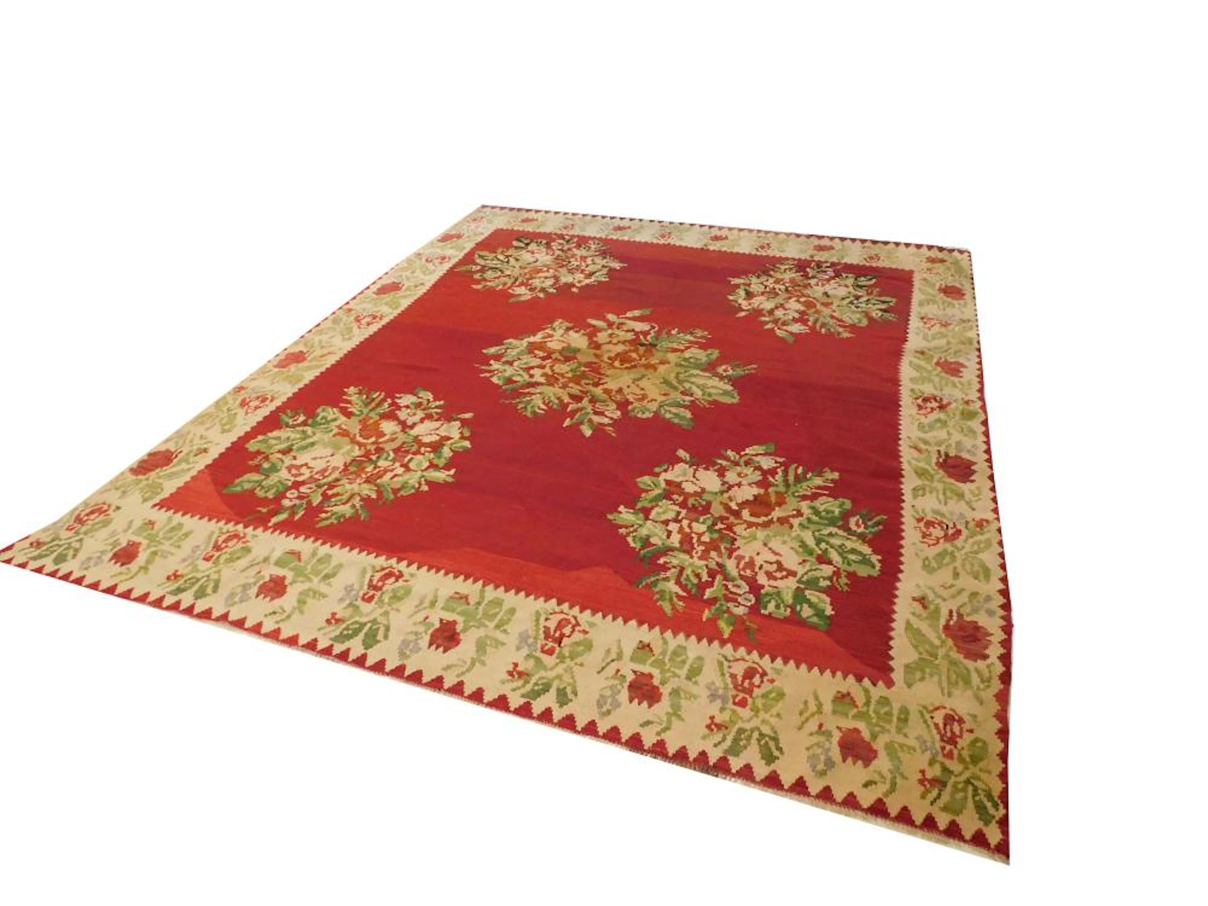 ALFOMBRA-KILIM TIPO AUBUSSON de lana tejida a mano en vivos colores rojo