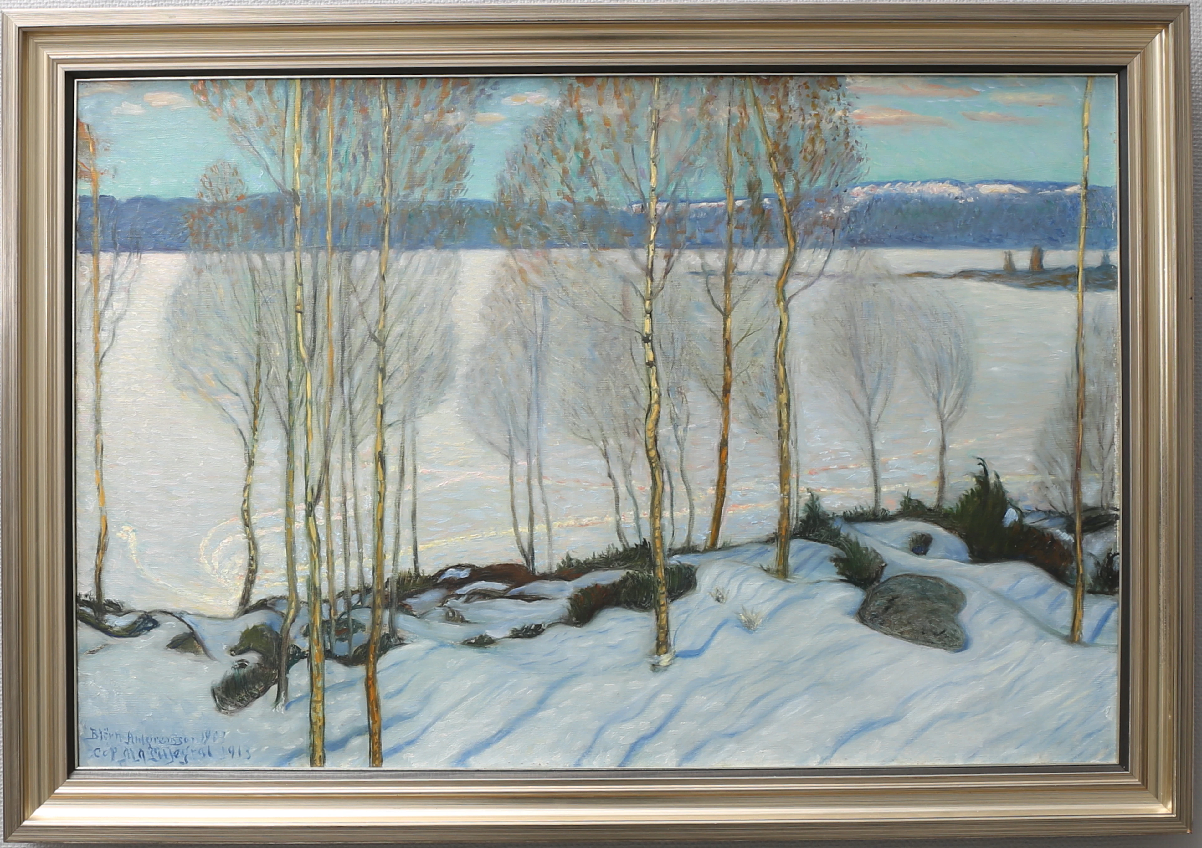 MARTIN ARONSON-LILJEGRAL. Landskap. Kopiemålning efter Björn Ahlgrensson. Signerad M A Liljegral, daterad 1913.