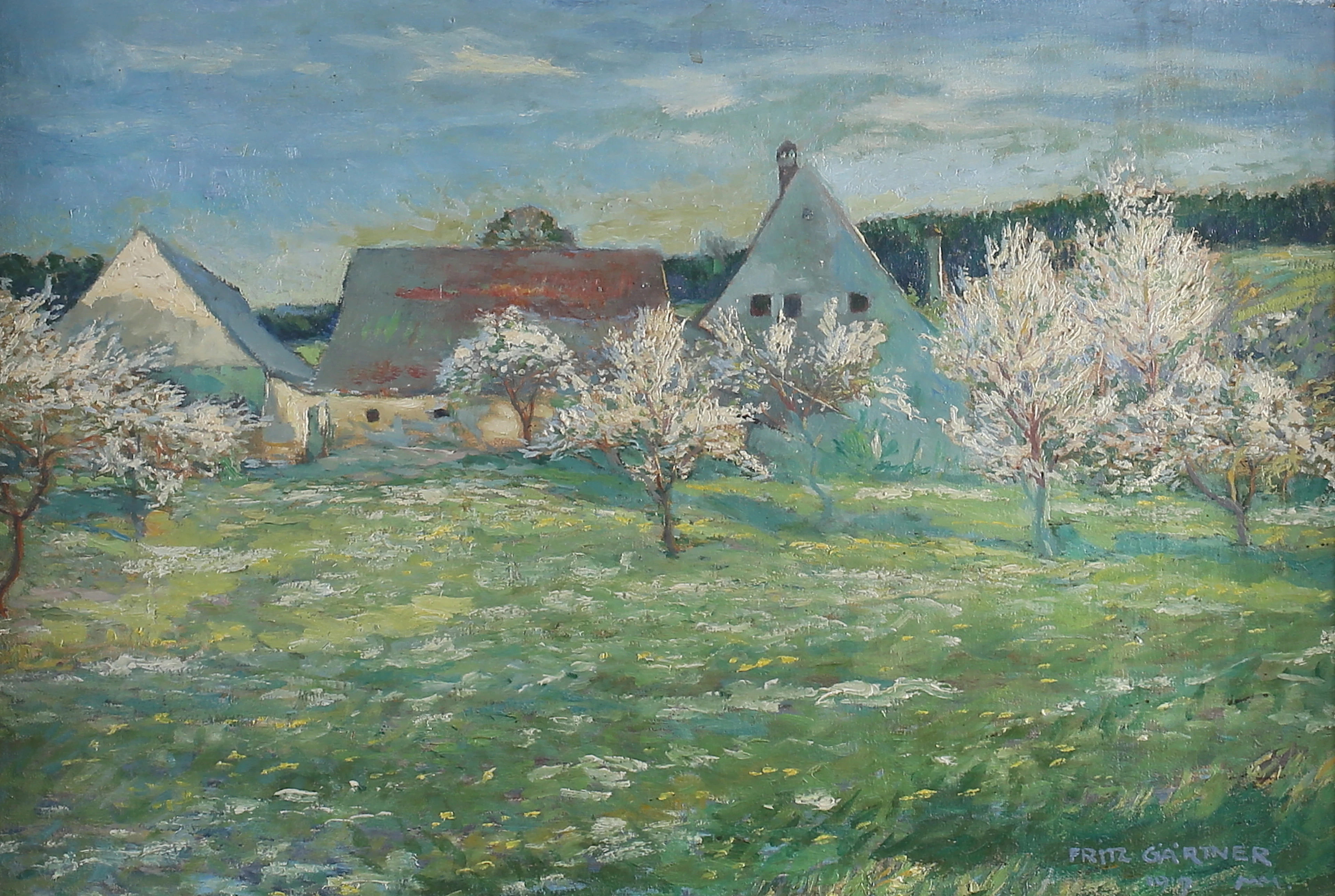 FRITZ GÄRTNER. "Baurenhof", olja på duk, signerad samt daterad 1917.