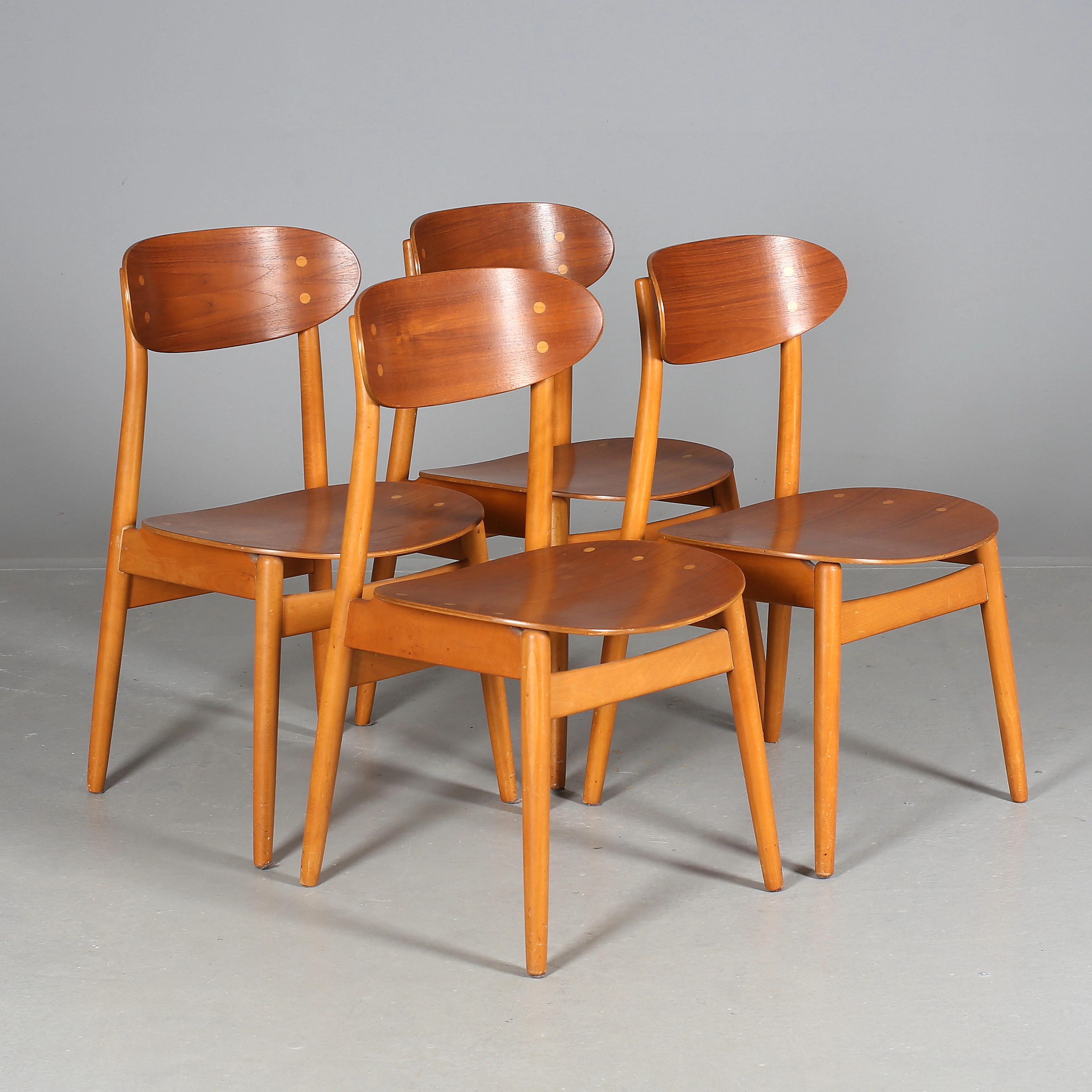 SVEN-ERIK FRYKLUND, Stolar, 4 st, teak/bok, "Eva", Hagafors Stolfabrik, Bra Bohag, Nässjö, 1957.