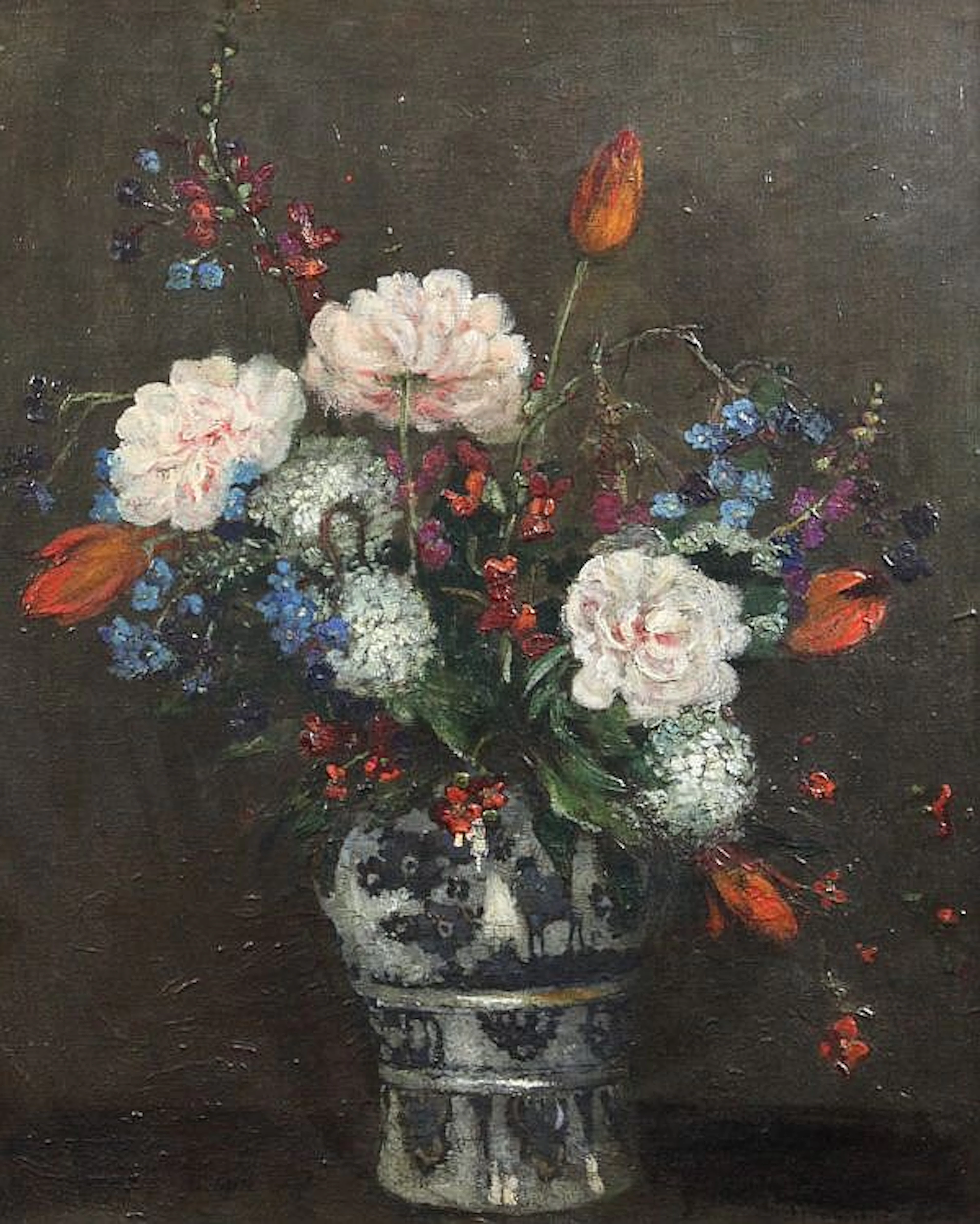 § Ethel Sands (1873-1962) Still life of flowers in a Delft vase, 24 x 19in.