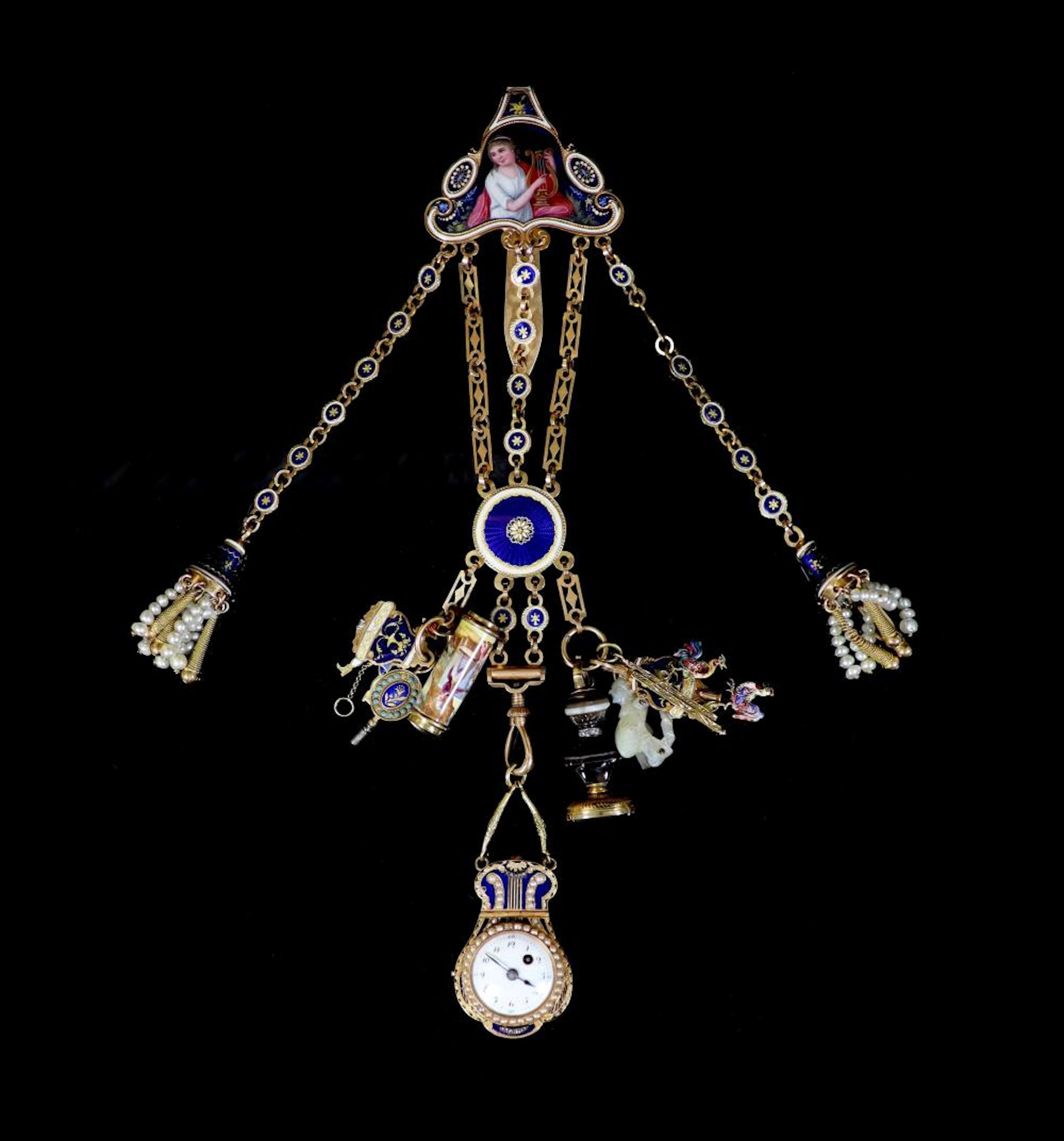 An early 19th century French or Swiss gold and enamel chatelaine