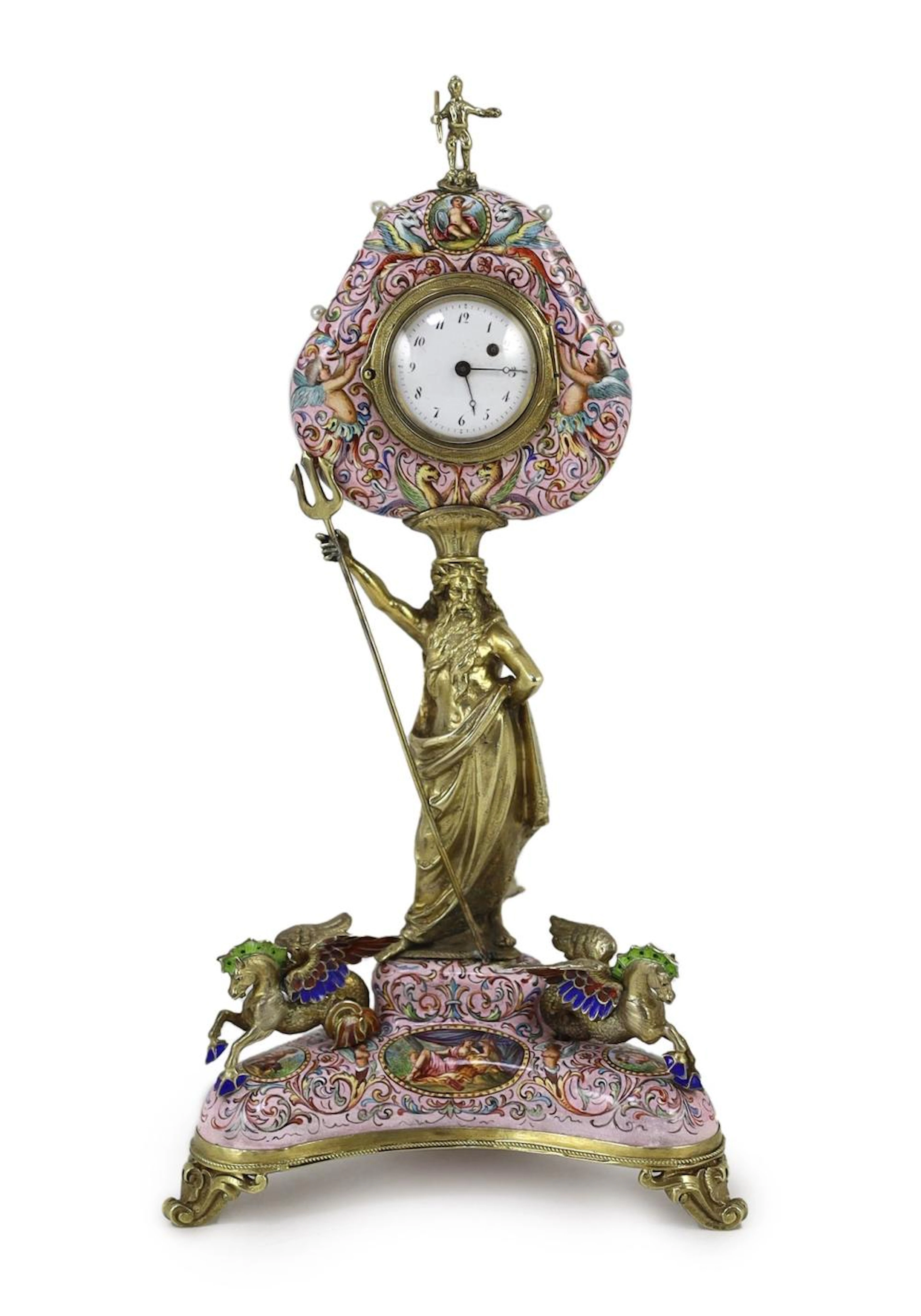 A 19th century Austrian silver-gilt and painted enamel timepiece