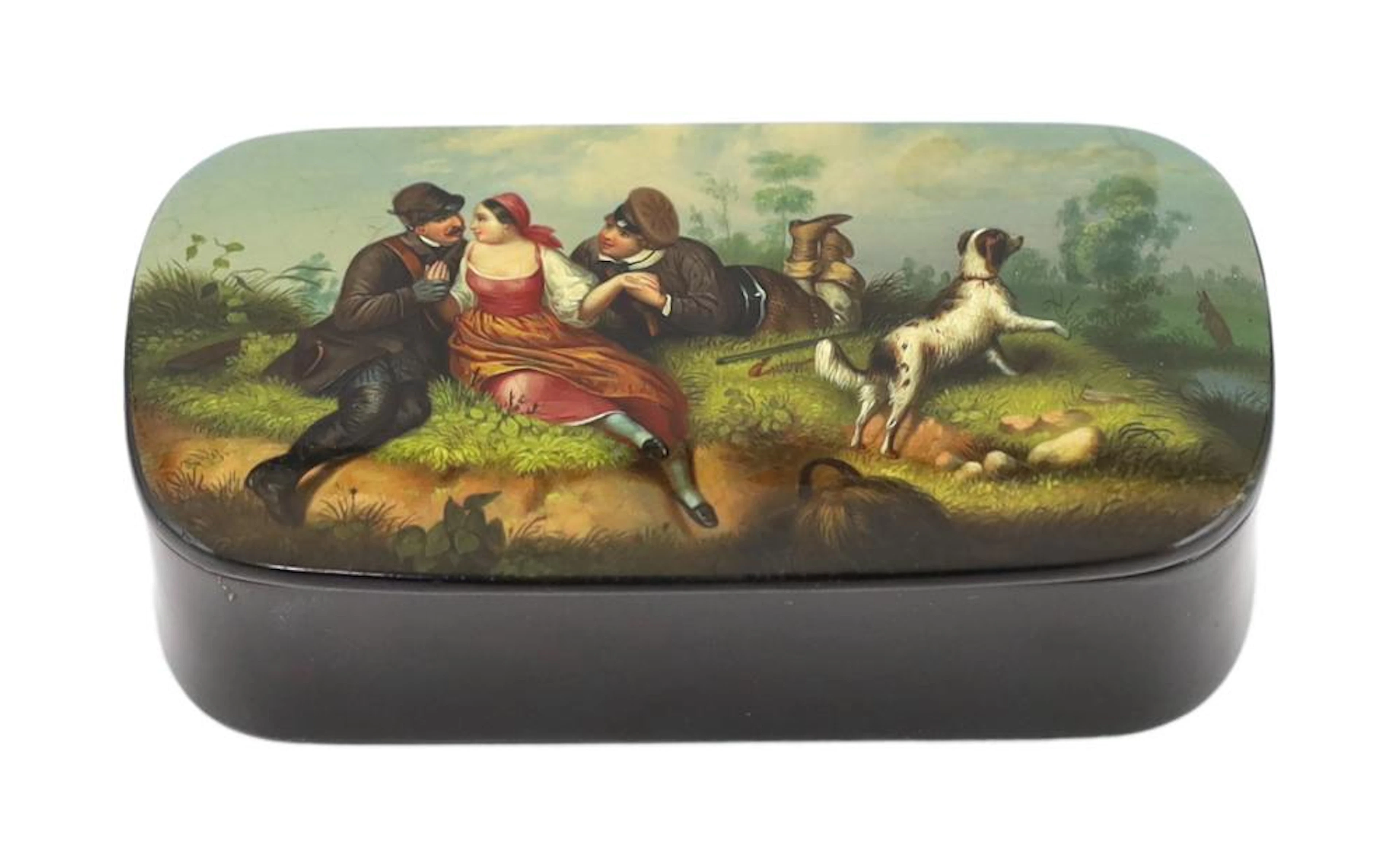 A fine Russian lacquer ?Girl with admirers? snuff box, by Lukutin, c.1840