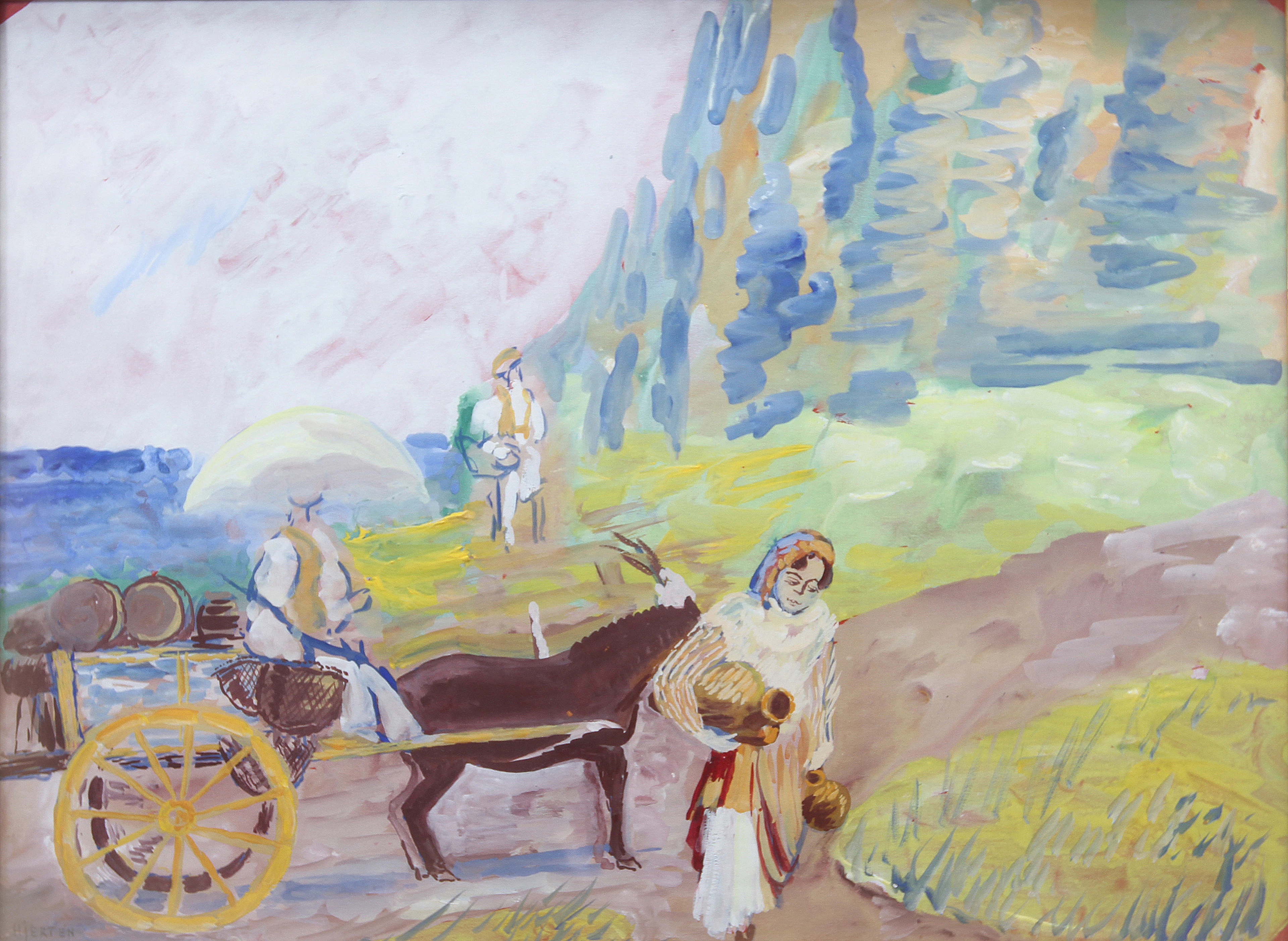 SIGRID HJERTÉN (1885-1948). Figurer kring åsnekärra - sydländskt motiv. Gouache.