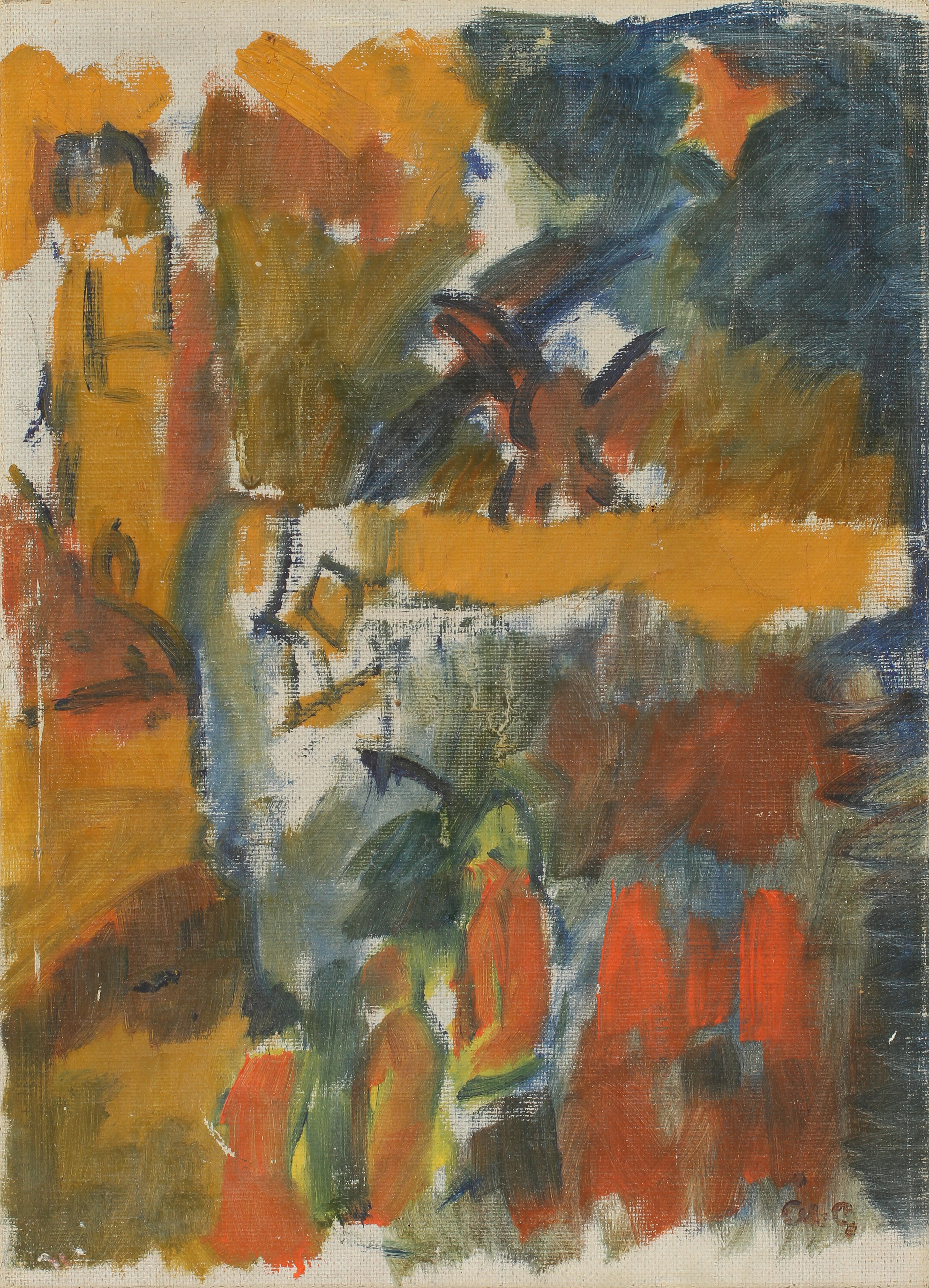 ÅKE GÖRANSSON (1902-1942). Figurer vid kyrkobyggnad. Olja på duk.