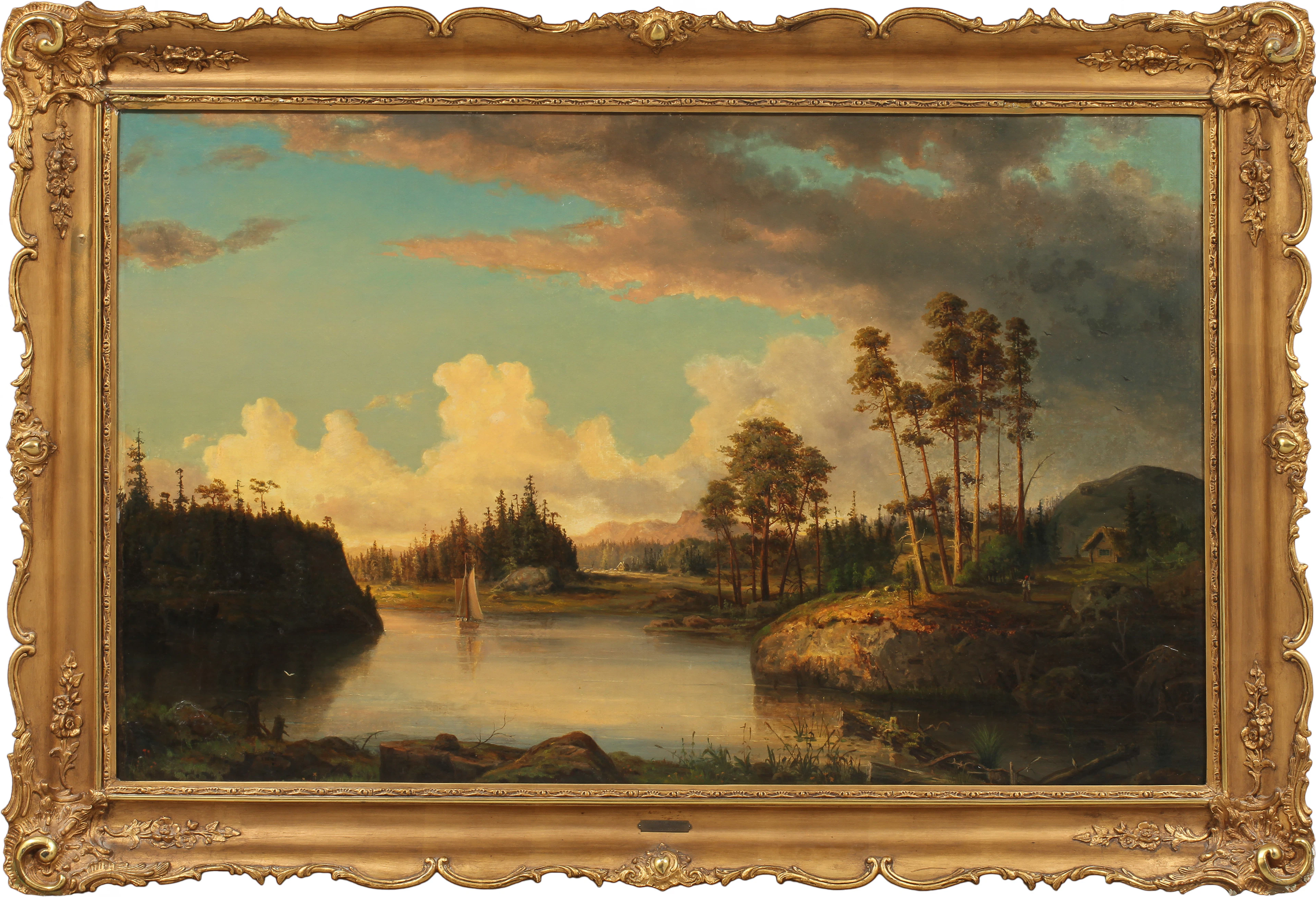 EDWARD BERGH (1828-1880). Insjölandskap med båt och stugor. Olja på duk.