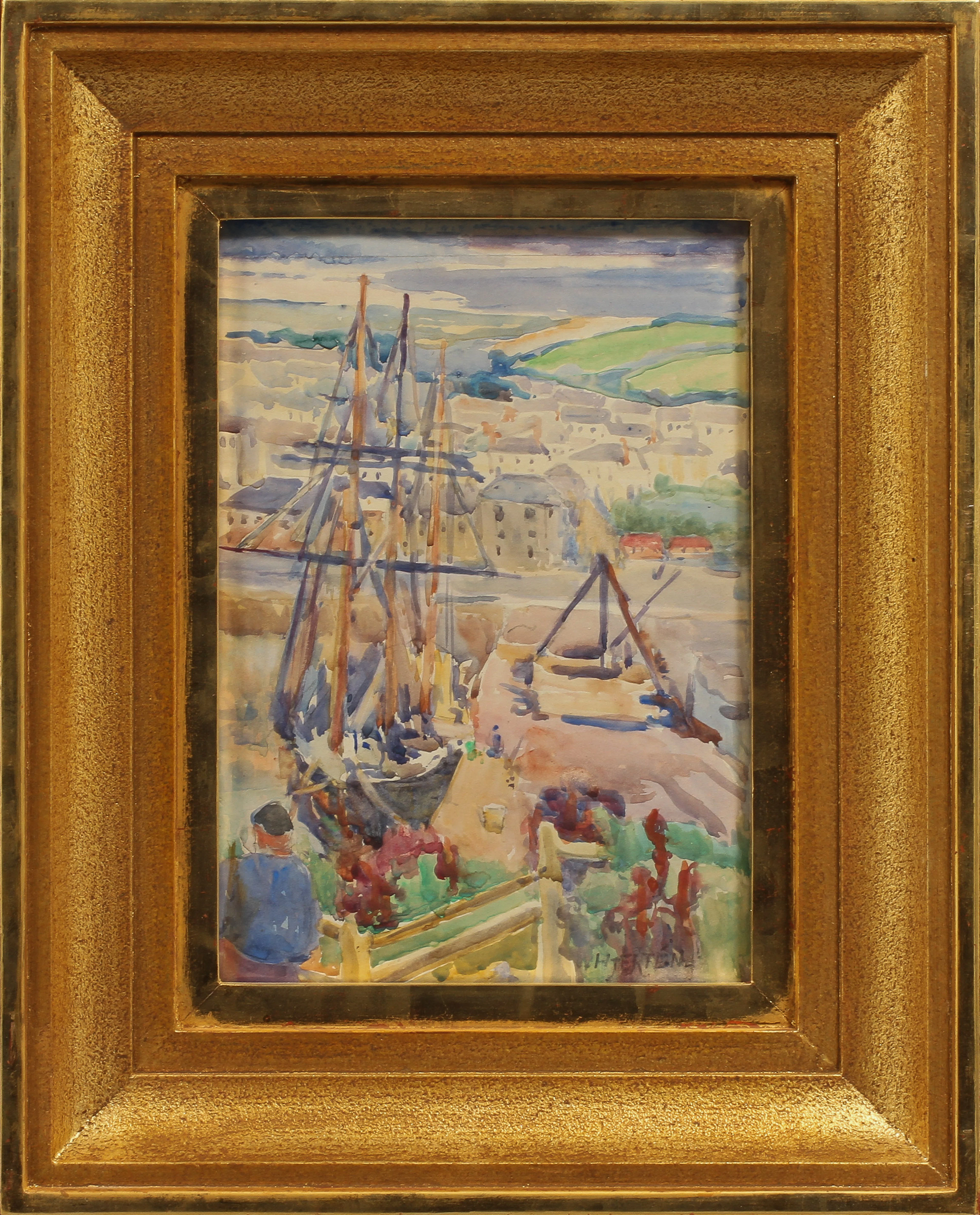 SIGRID HJERTÉN (1885-1948). Fartyg i hamn. Akvarell.