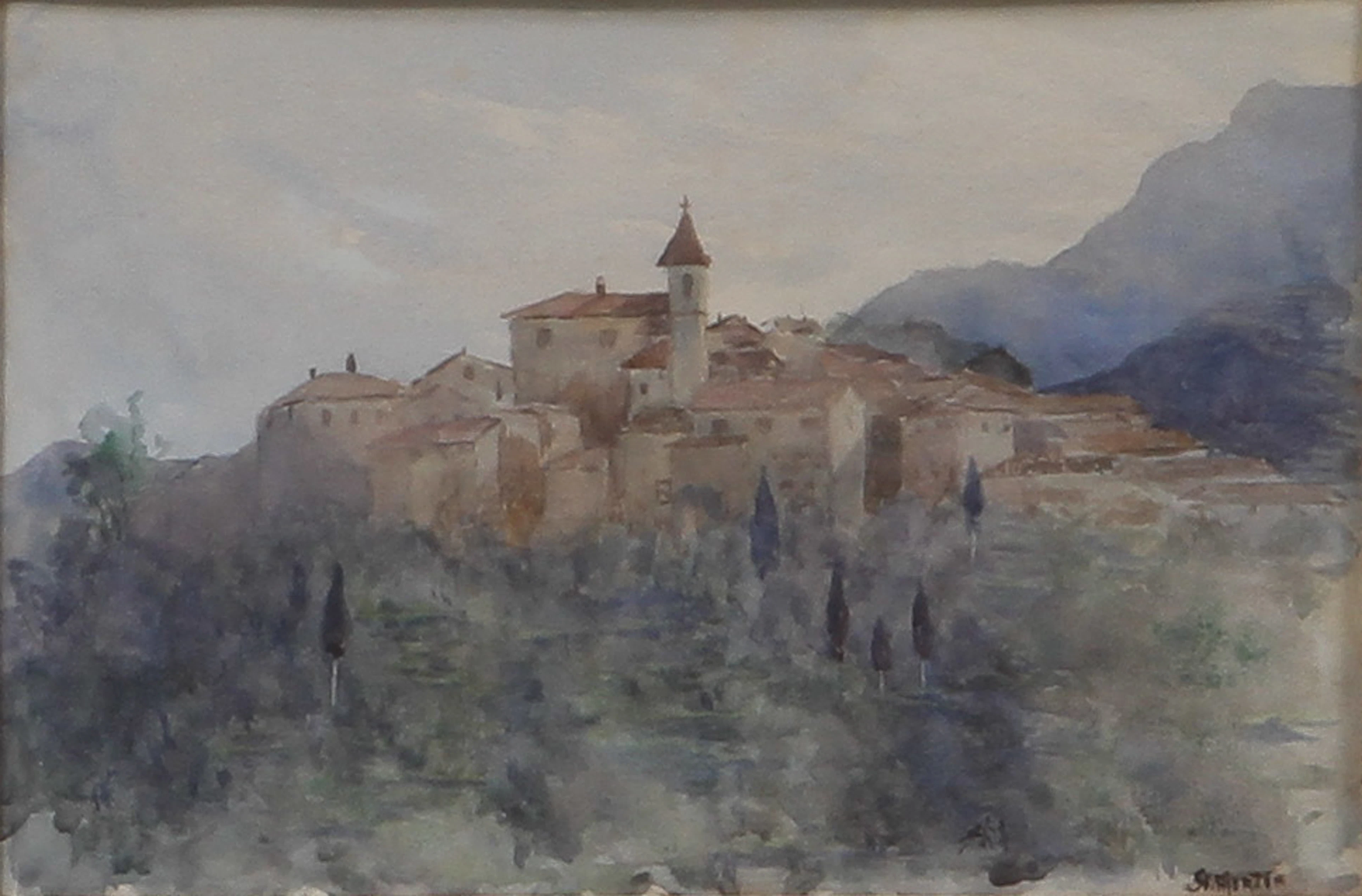 SIGRID HJERTÉN (1885-1948). Vy över Gorbio, Frankrike. Akvarell.