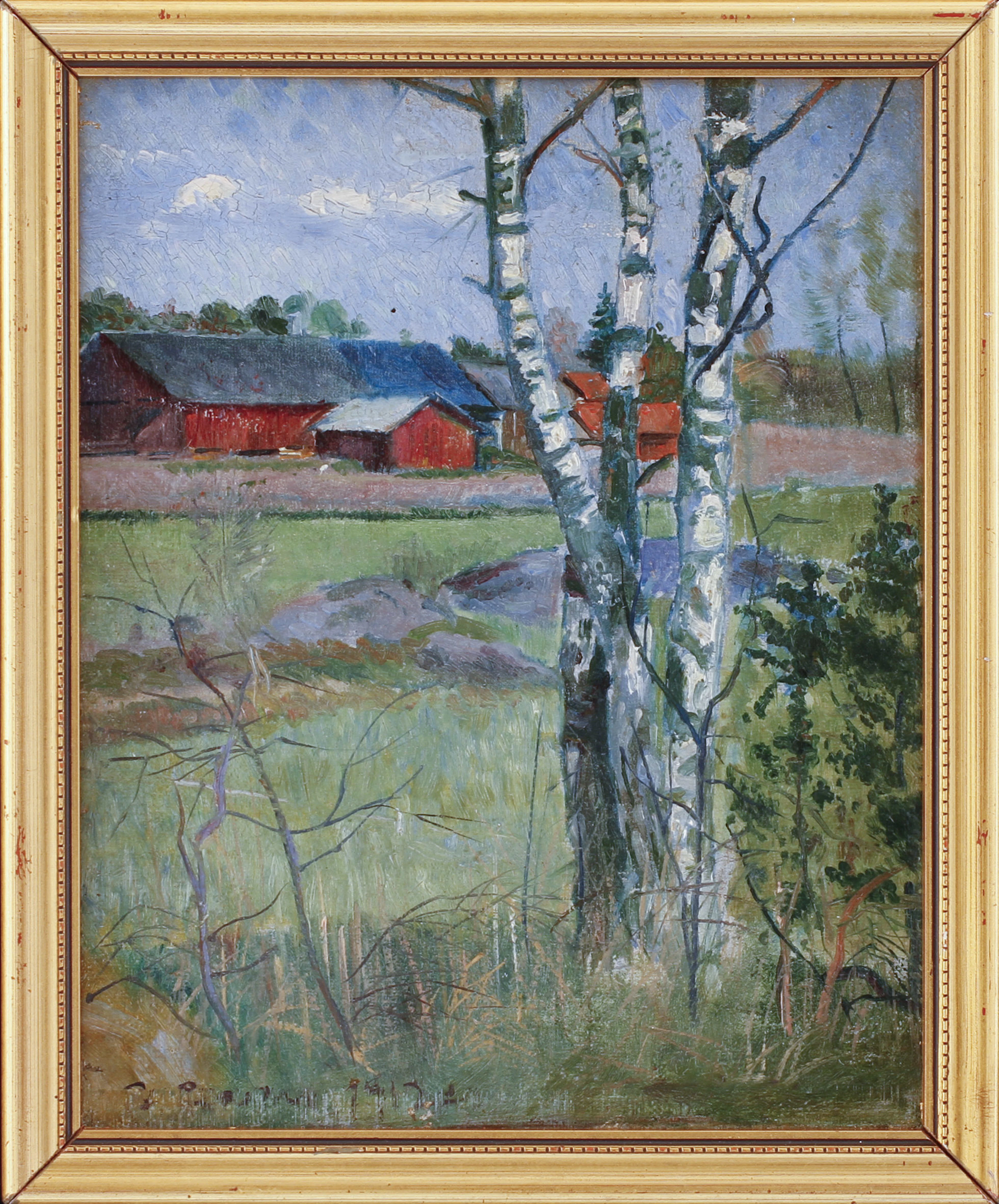 BJÖRN AHLGRENSSON. Gårdsmotiv med björkar i förgrund, olja på duk, signerad och daterad 1917.