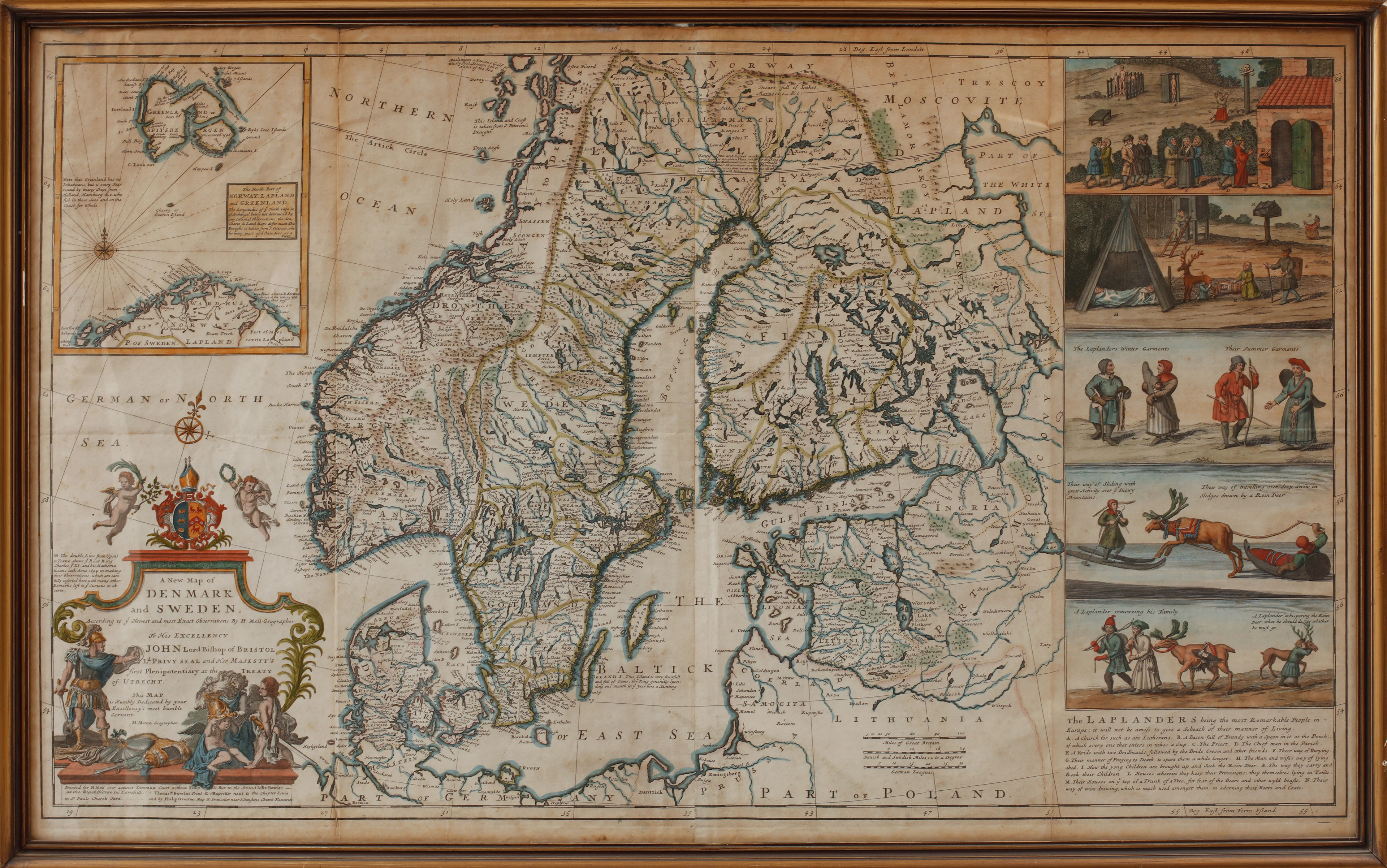INRAMAD KARTA, " A new map of Denmark and Sweden", handkolorerad kopparstick, Herman Moll, 1700-tal.