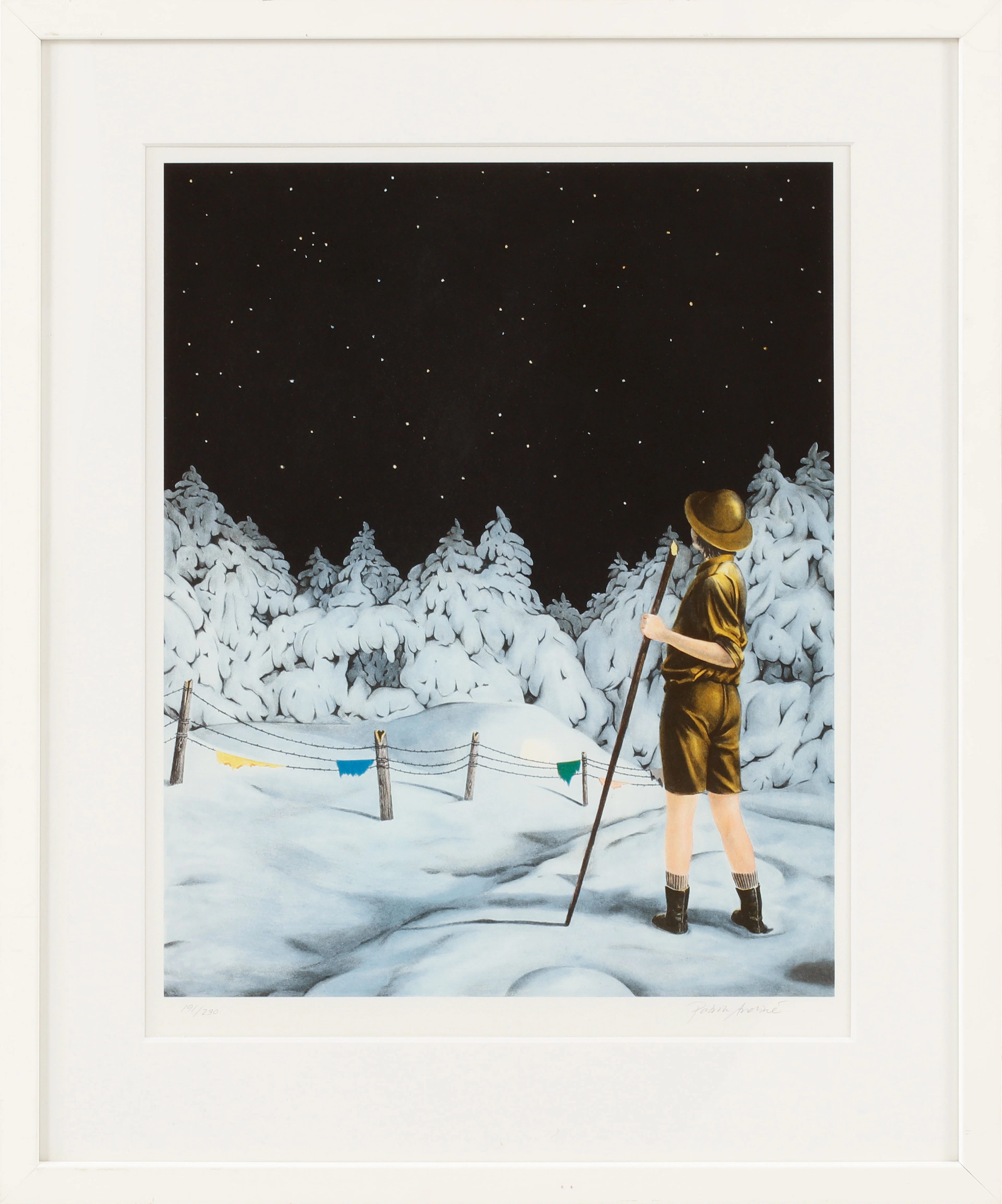 PATRIK ANDINÉ. Vinterbild med stjärnhimmel och figur, färglitografi, signerad och numrerad 191/230.