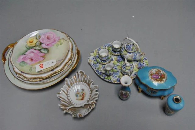 Assortment of porcelain items including five plates (some stamped France, Bavaria, and Italy) together with a miniature tea set, and...