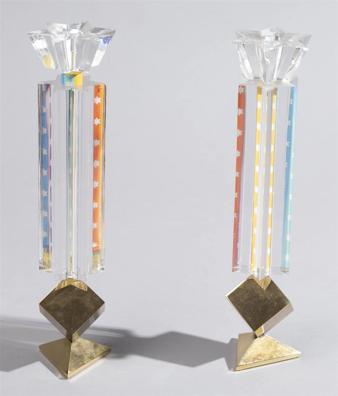 Yaacov Agam, New York/ Israel/ France (b. 1928), Pair of crystal Sabbath candlesticks, ed. 23/300, Height: 12 1/4 inches