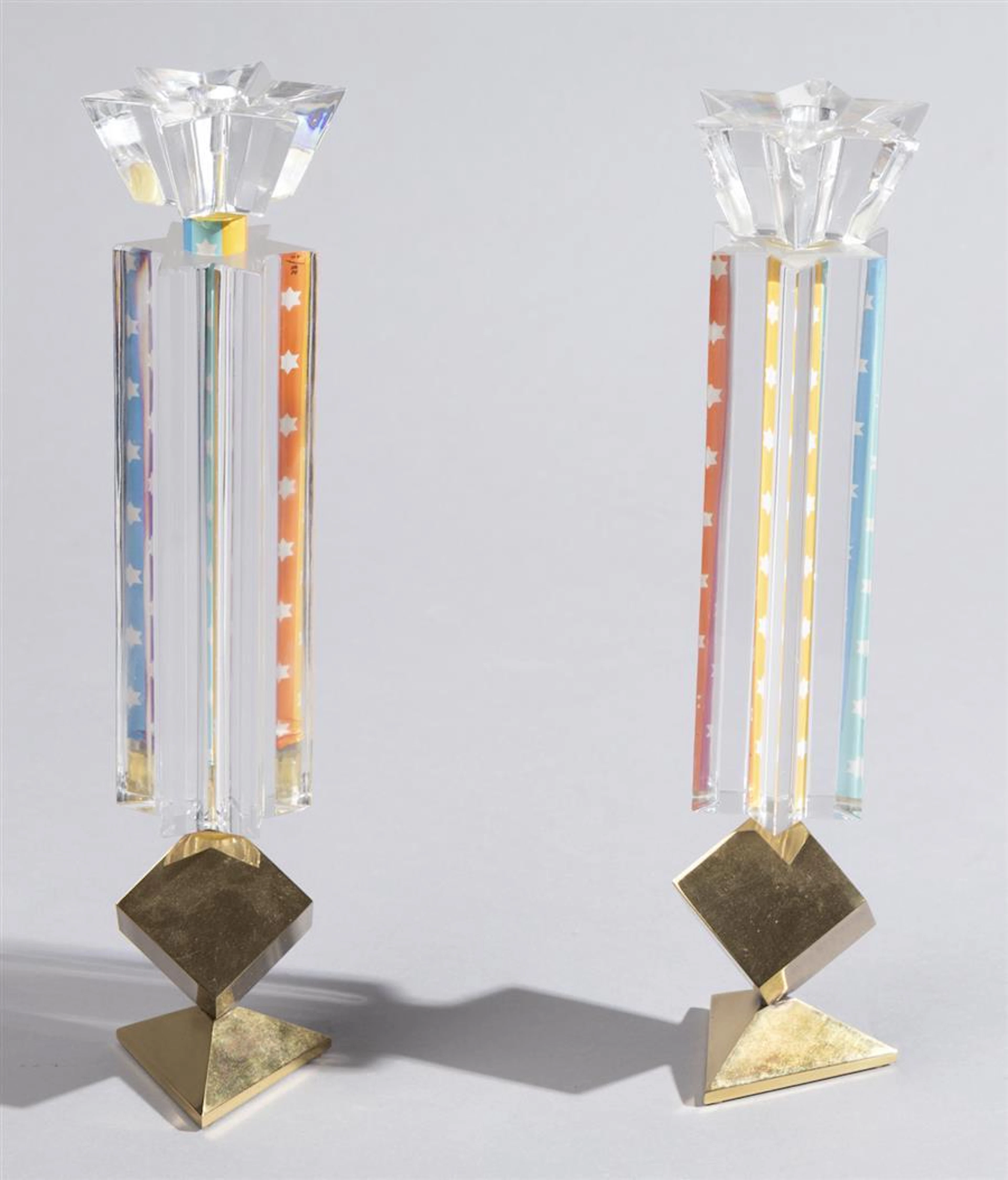 Yaacov Agam, New York/ Israel/ France (b. 1928), Pair of crystal Sabbath candlesticks, ed. 23/300, Height: 12 1/4 inches