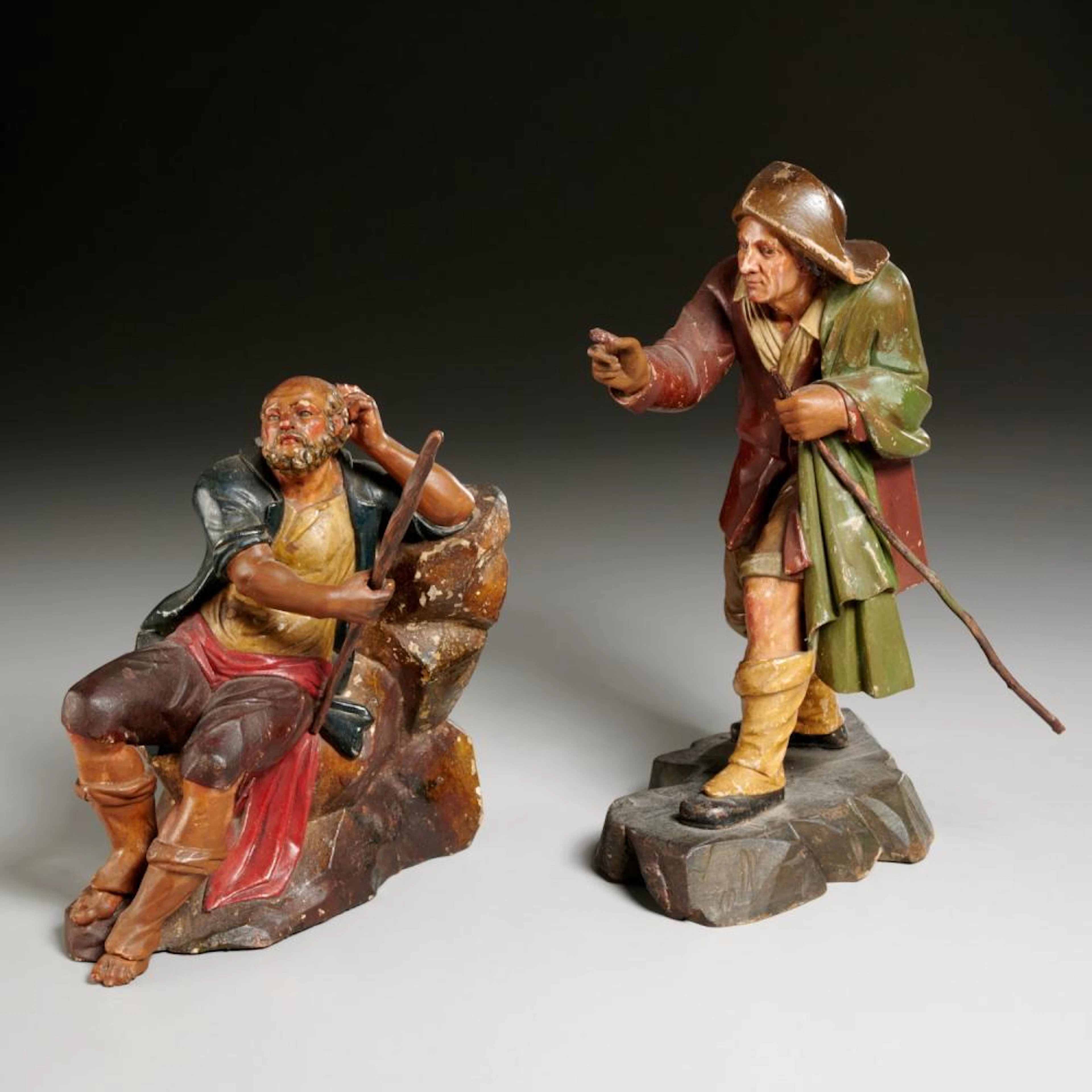 (2) Continental carved wood creche figures
