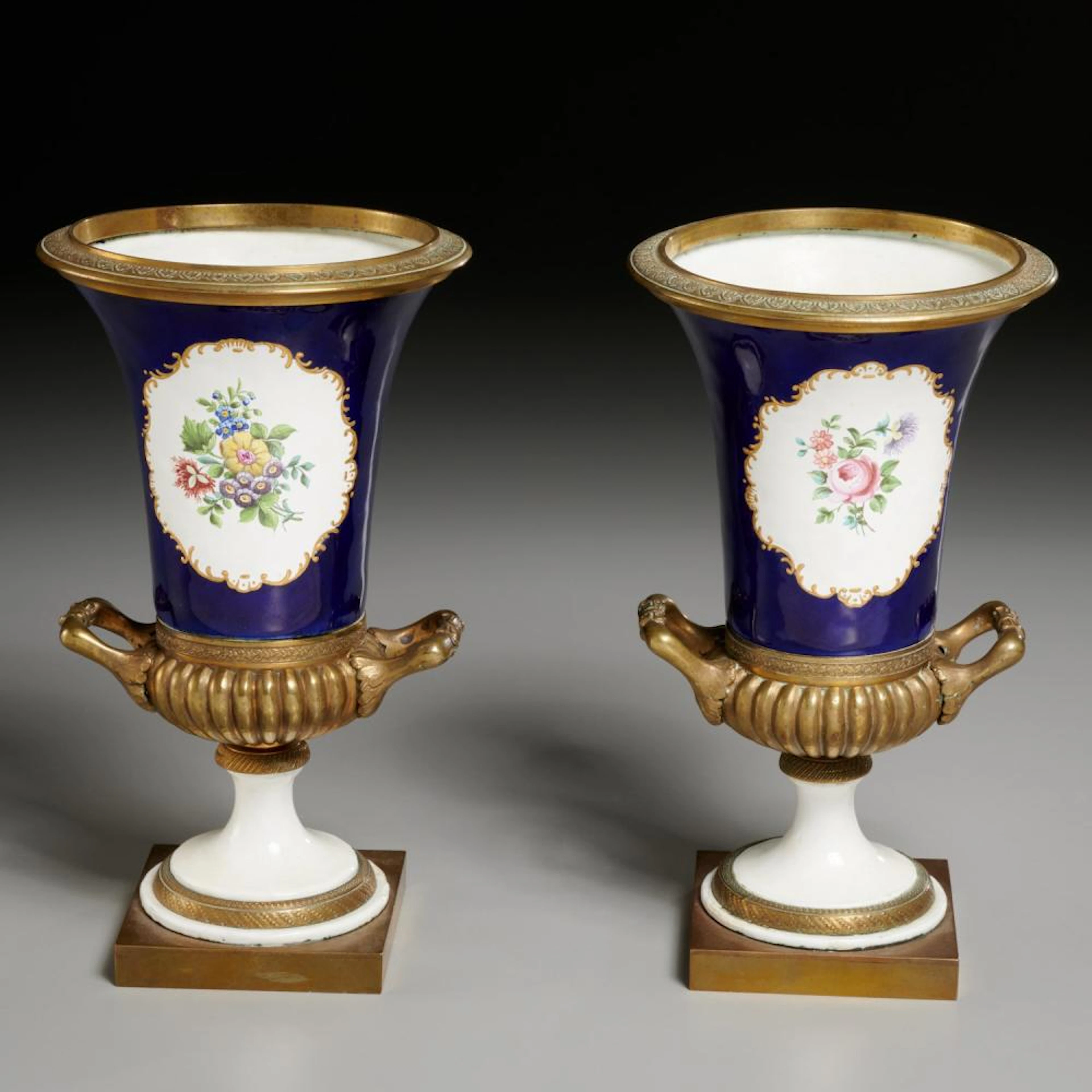 Pair Limoges gilt bronze mounted enamel urns