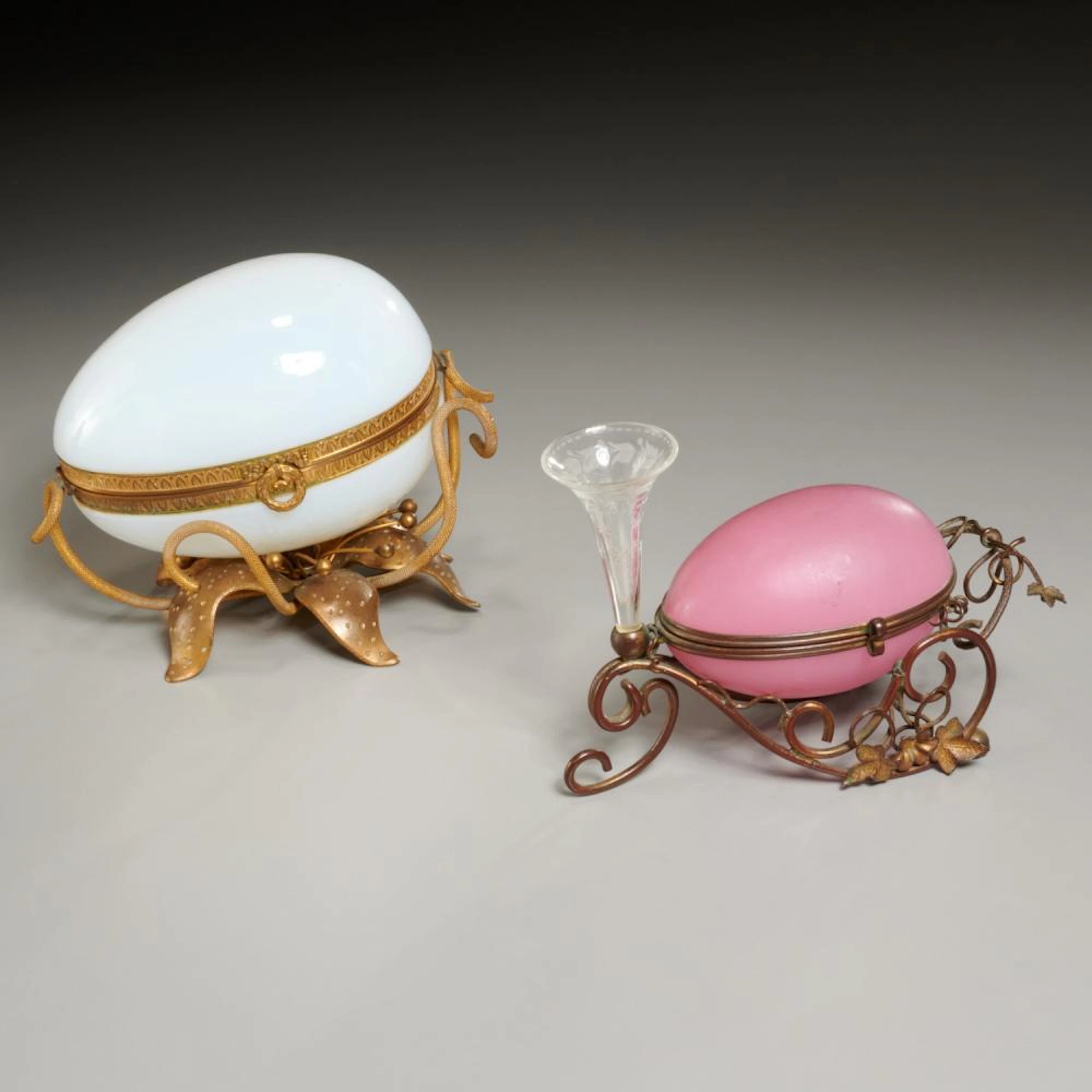 (2) French Opaline glass, bronze egg boxes