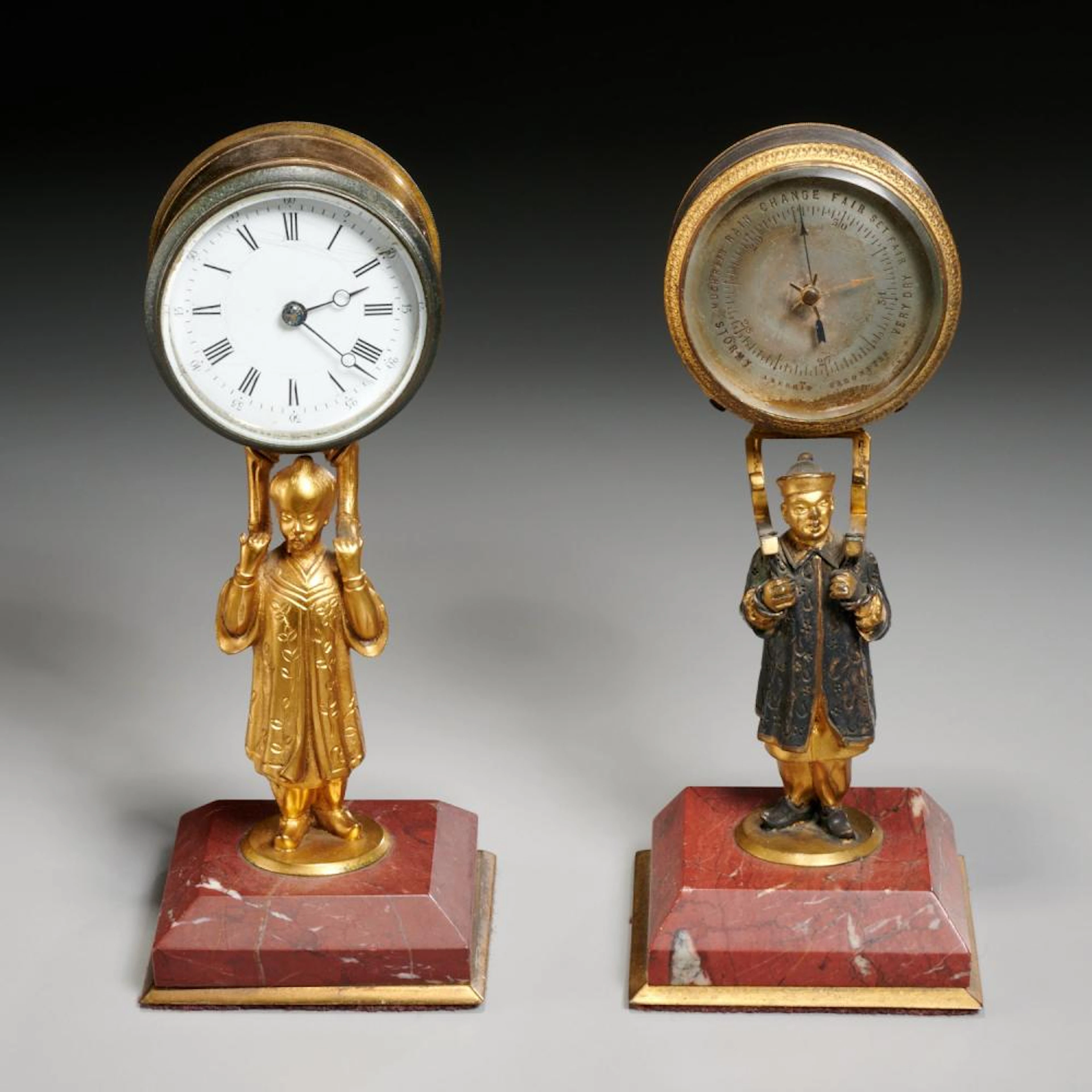 Victorian gilt bronze figural clock and barometer