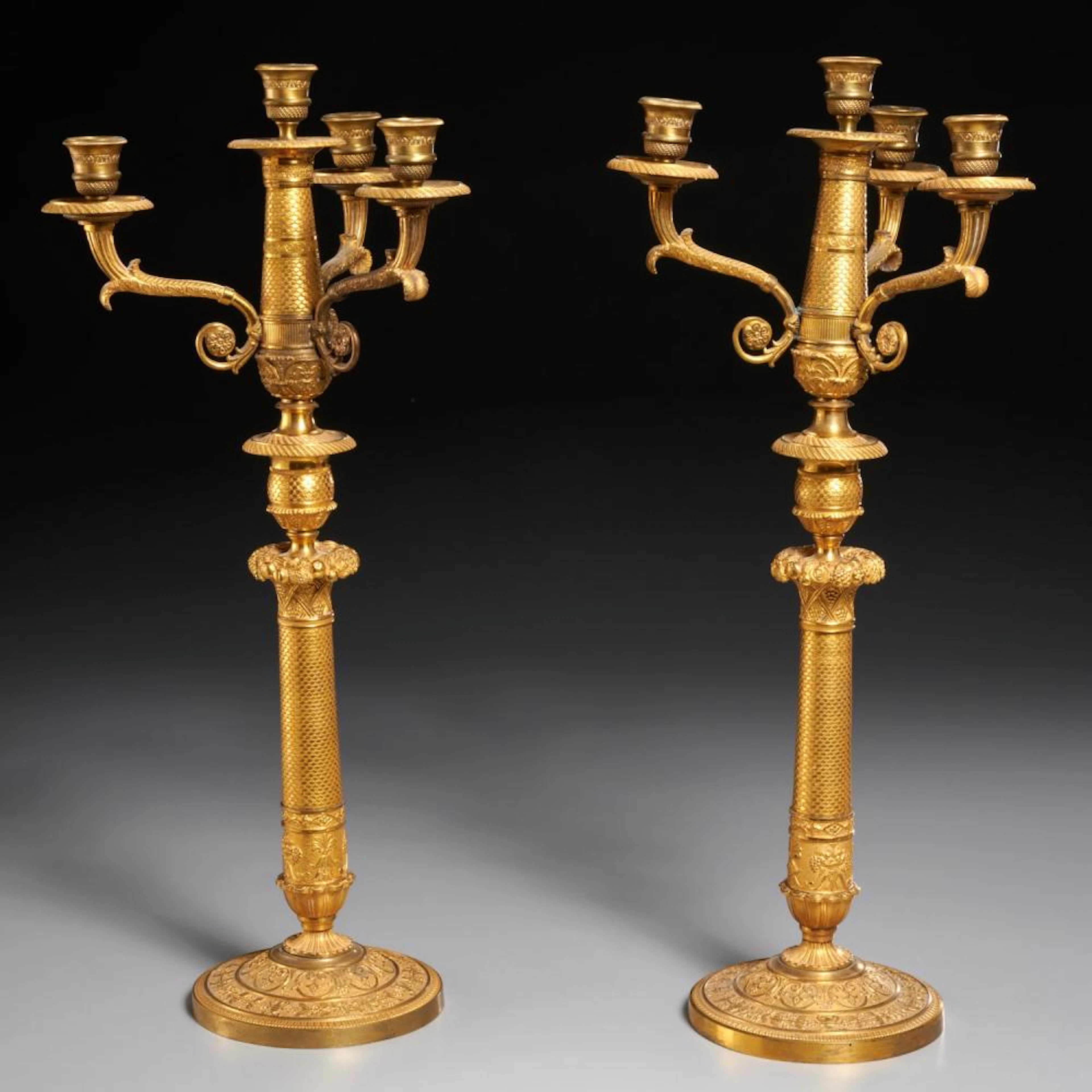Pair French Restauration gilt bronze candelabra