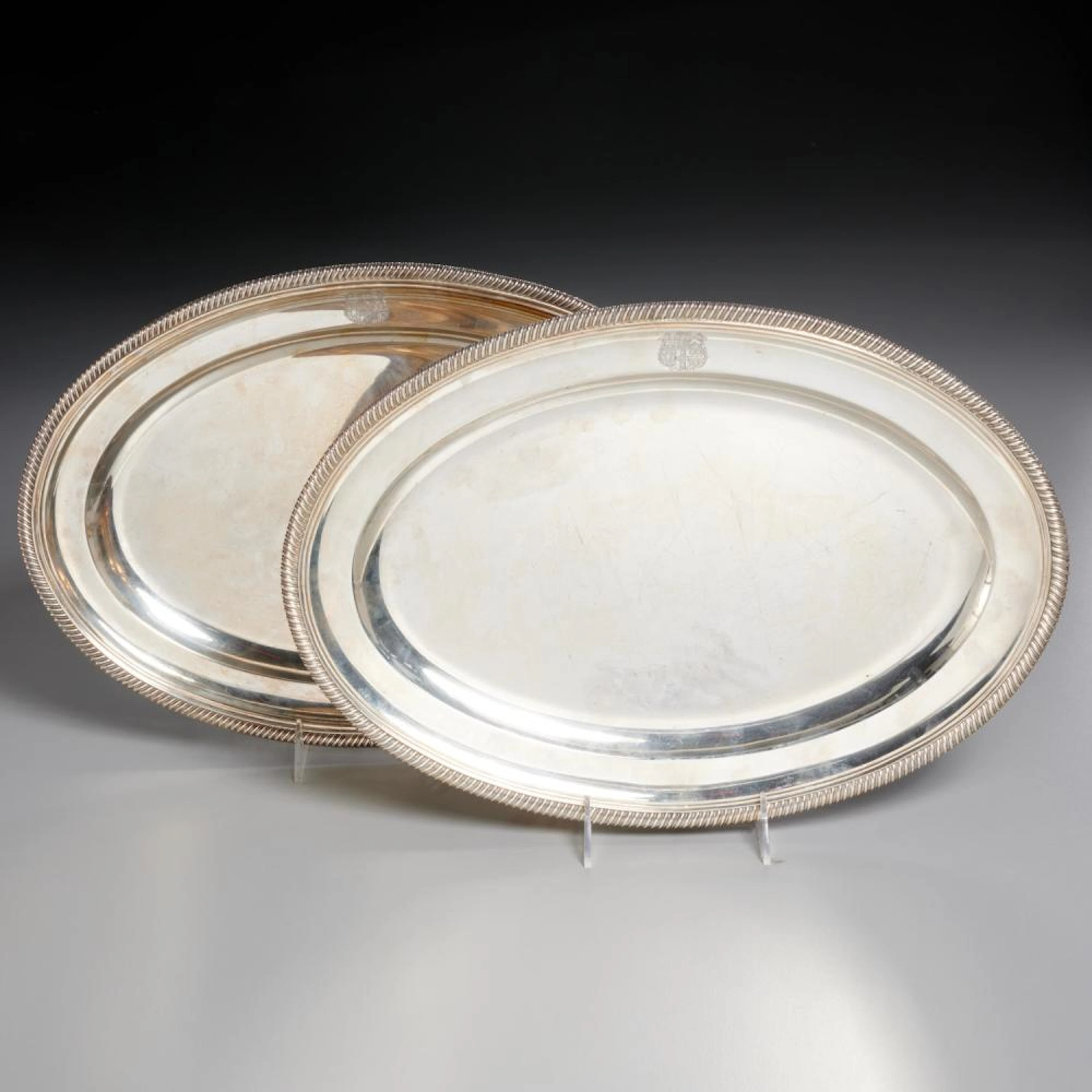 Near pair English Regency silver trays
