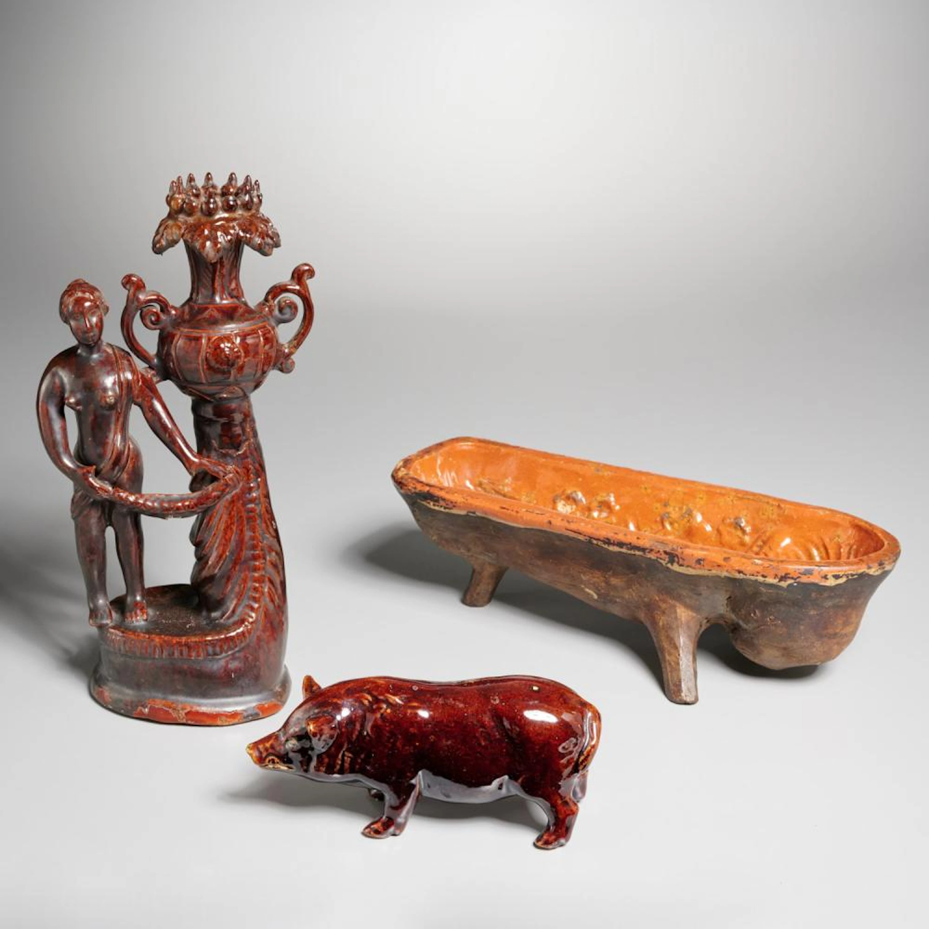 (3) unusual antique glazed earthenware objects