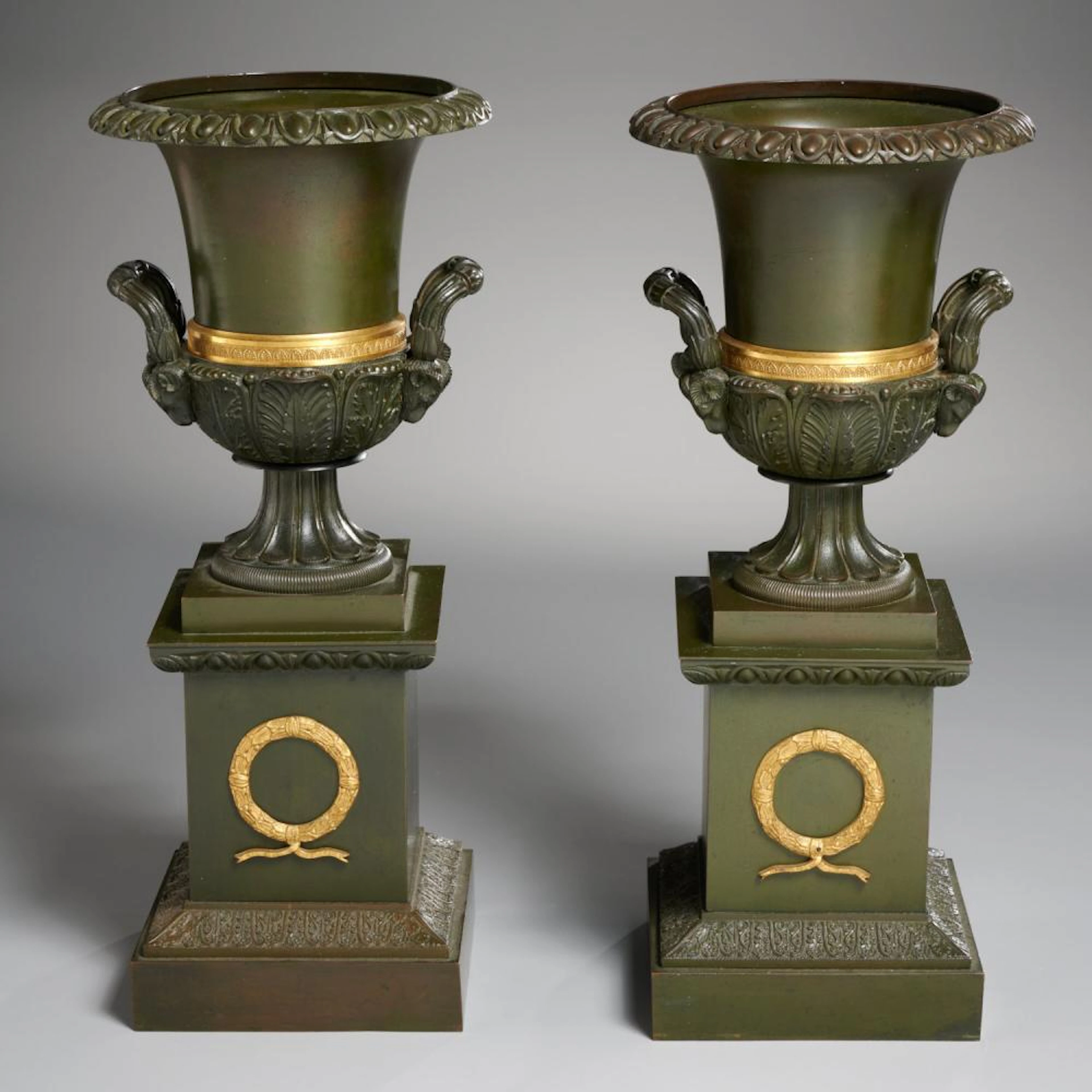 Pair Empire style ormolu mounted bronze urns