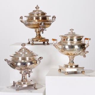 (3) Sheffield style silver plate hot water urns