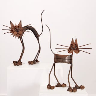 (2) Folk Art metal found object cat sculptures