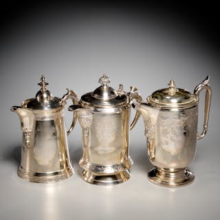 (3) American silver plated hot water pitchers