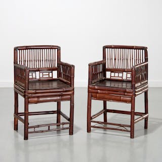 Pair antique Chinese Export bamboo armchairs