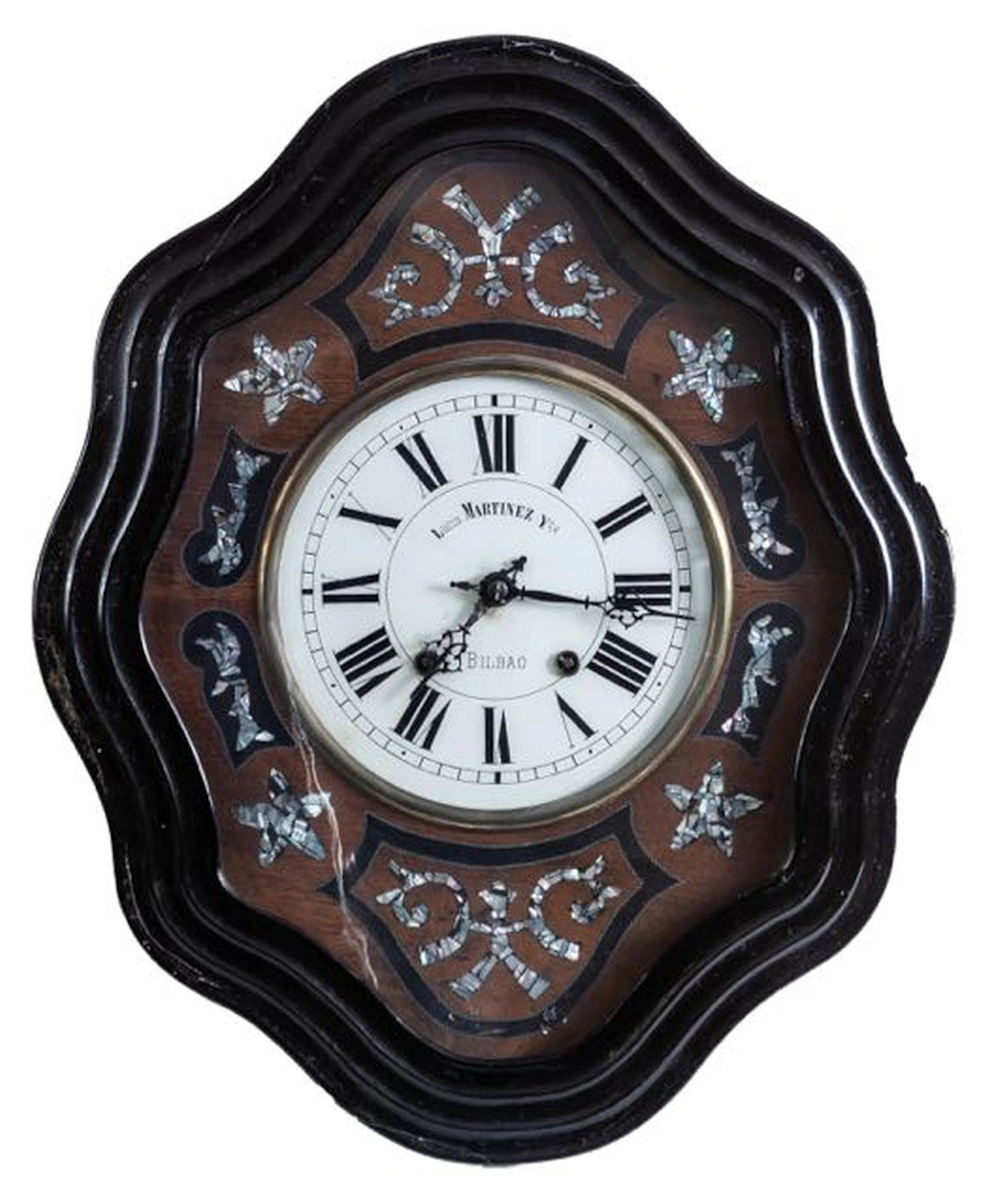 A Spanish mother-of-pearl and ebonised wood wall clock