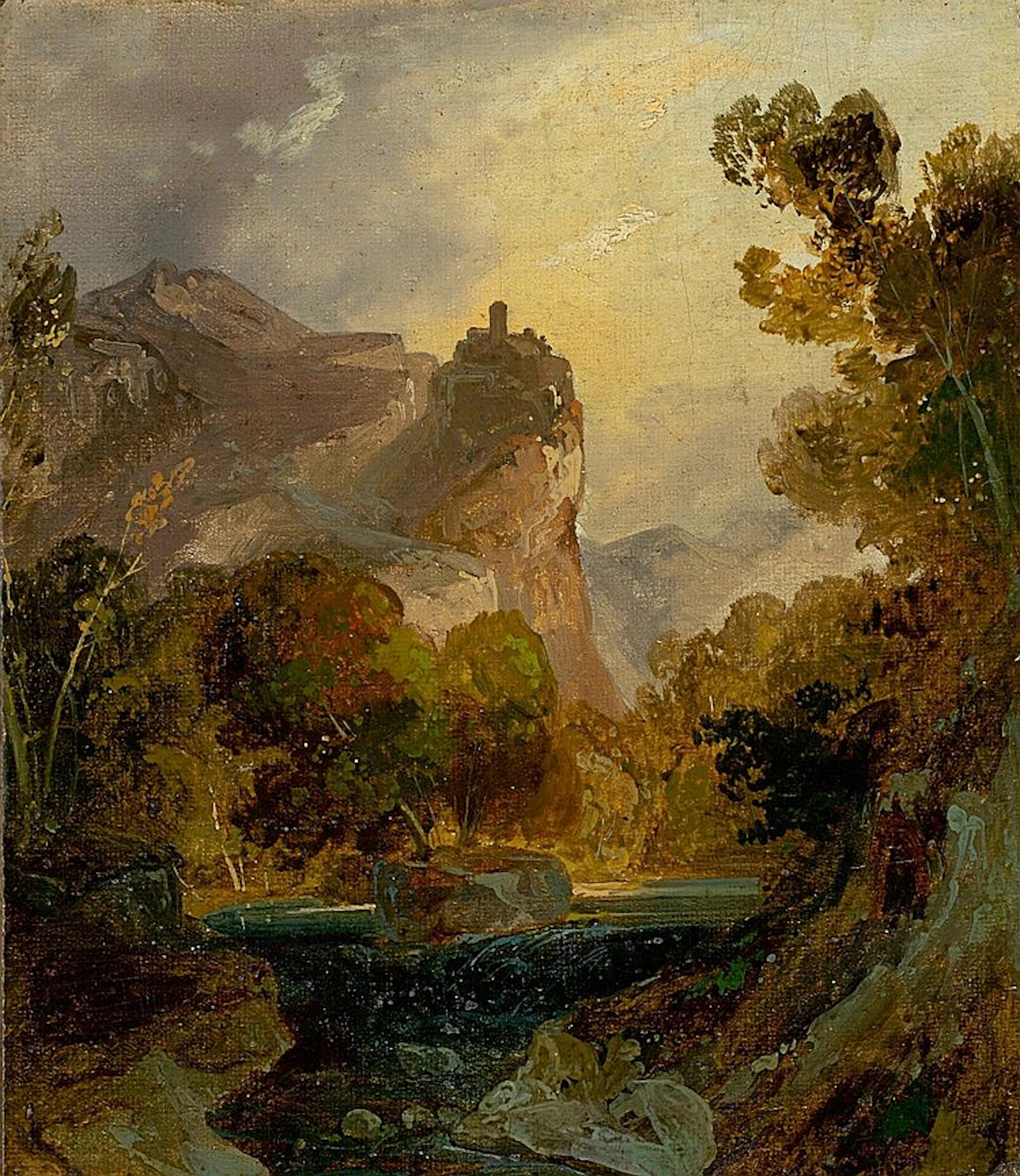 ?Ansicht eines Flußtals im Gebirge mit einer Burg auf hohem Felsen?