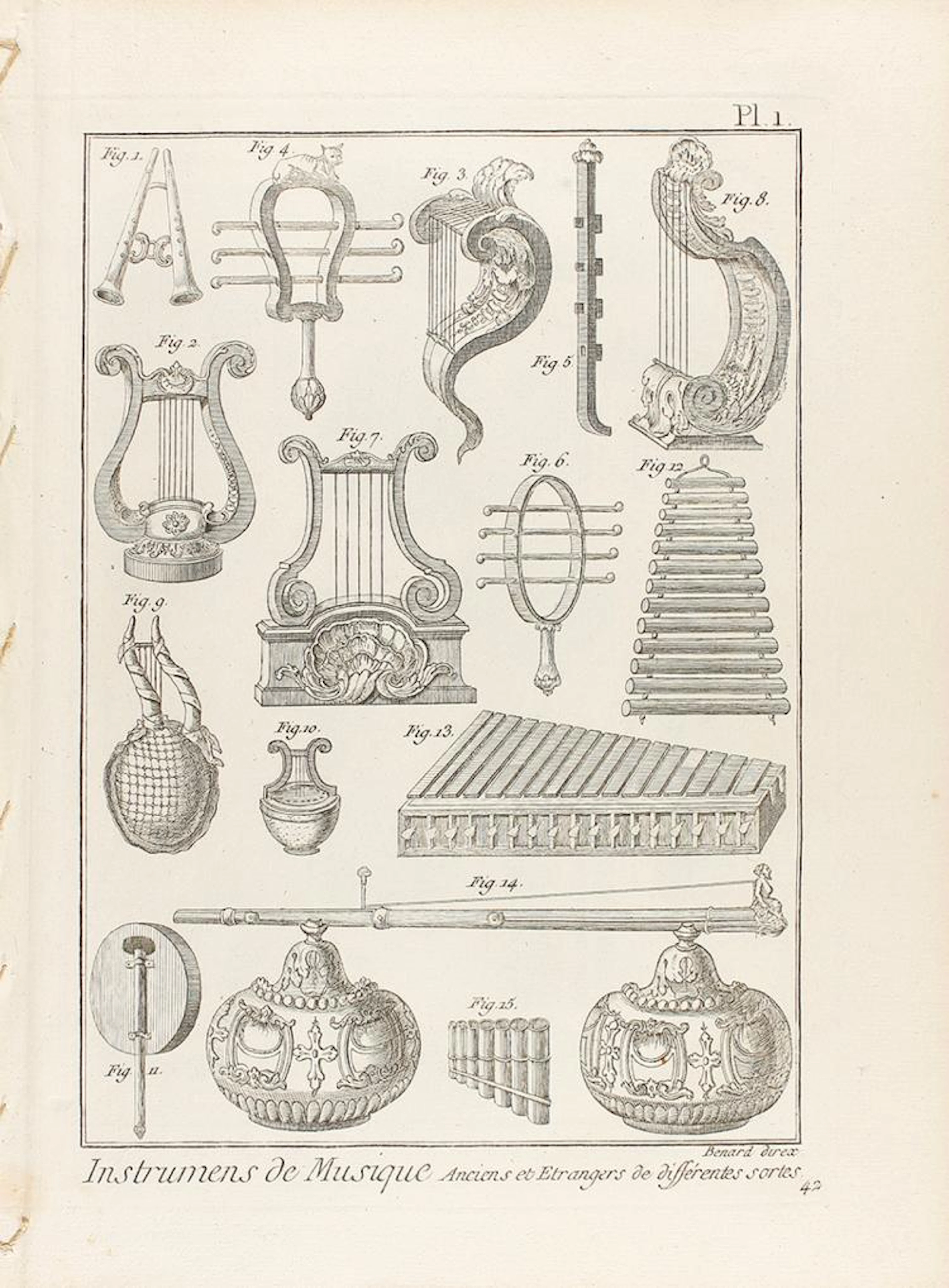 1750 ca. GRABADO: (MÚSICA). 17 GRABADOS DE INSTRUMENTOS MUSI