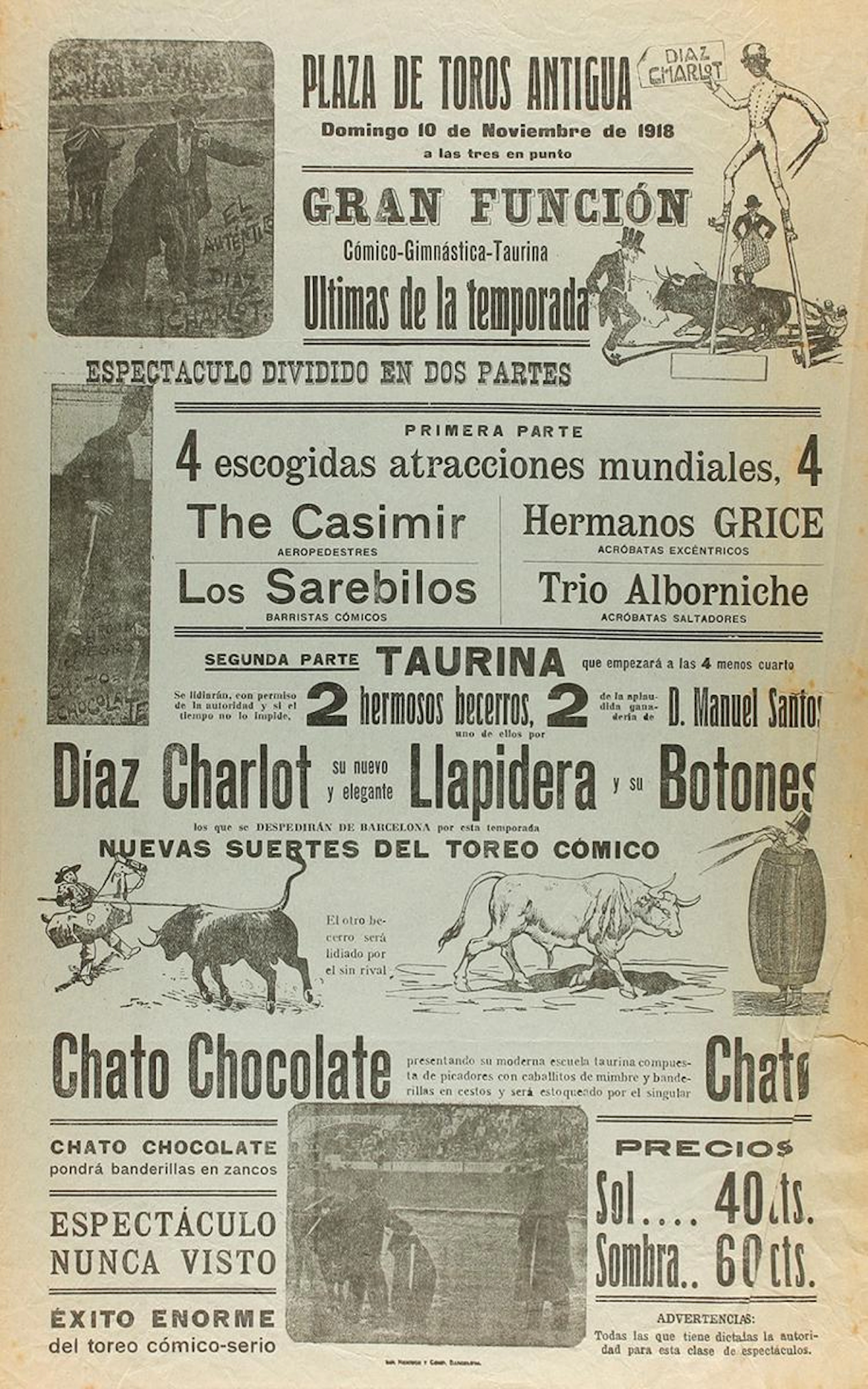 1818-1819. CARTEL: (TAUROMAQUIA-BARCELONA). CONJUNTO DE 4 BA