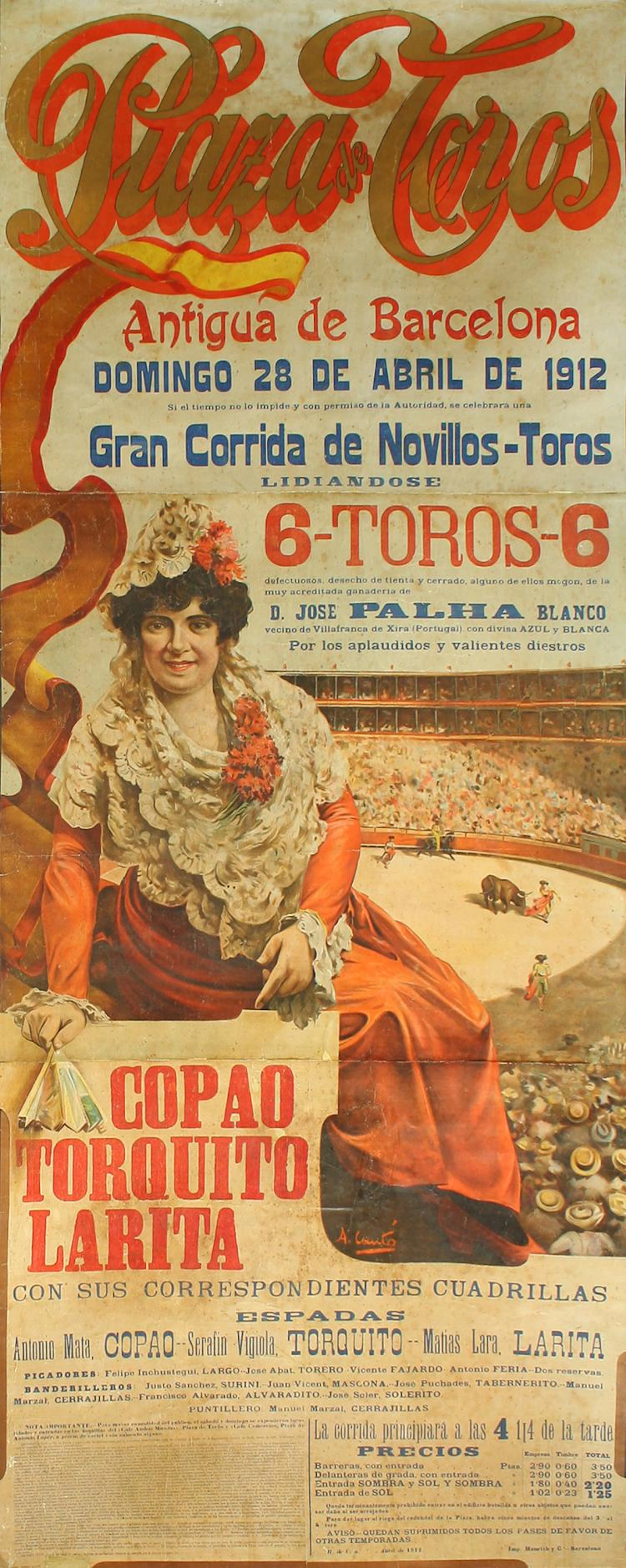 1912. CARTEL: (TAUROMAQUIA). CANTÓ, A.: TOROS PLAZA ANTIGUA