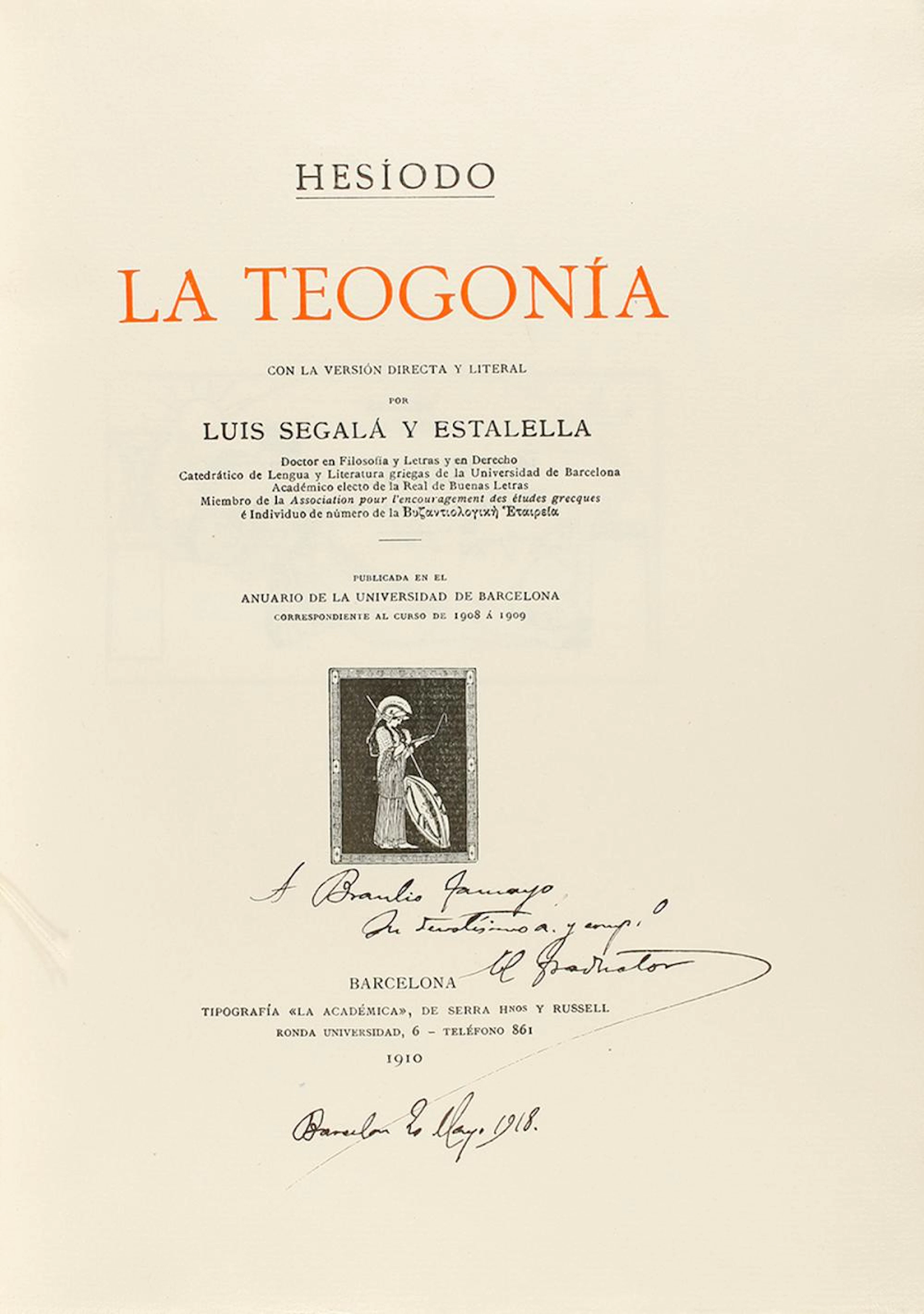 1910. LIBRO: (BIBLIOFILIA). HESIODO: LA TEOGONIA. Trad. Luis