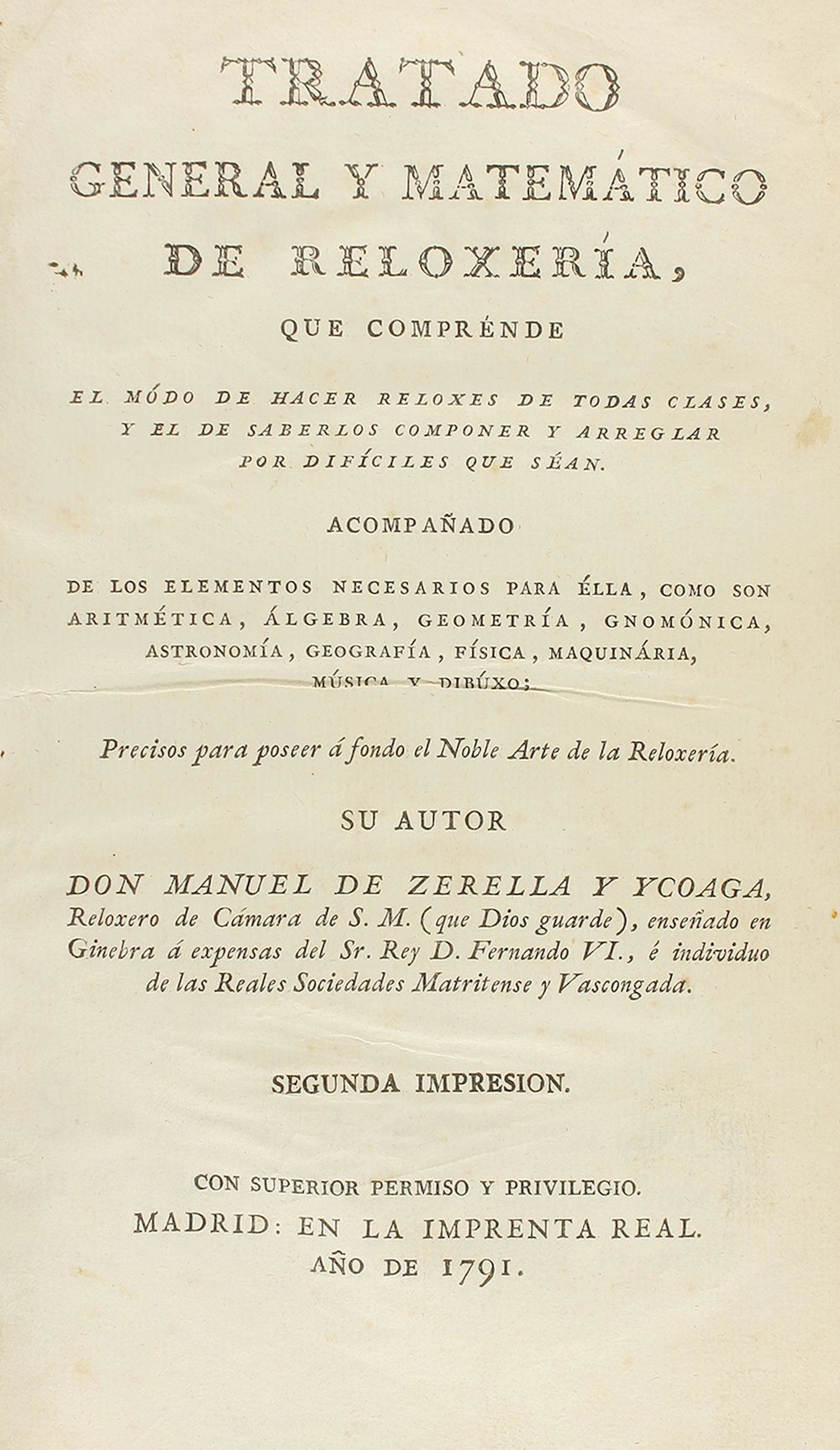 1791 LIBRO:(HOROLOGÍA) .ZERELLA Y YCOAGA, MANUEL