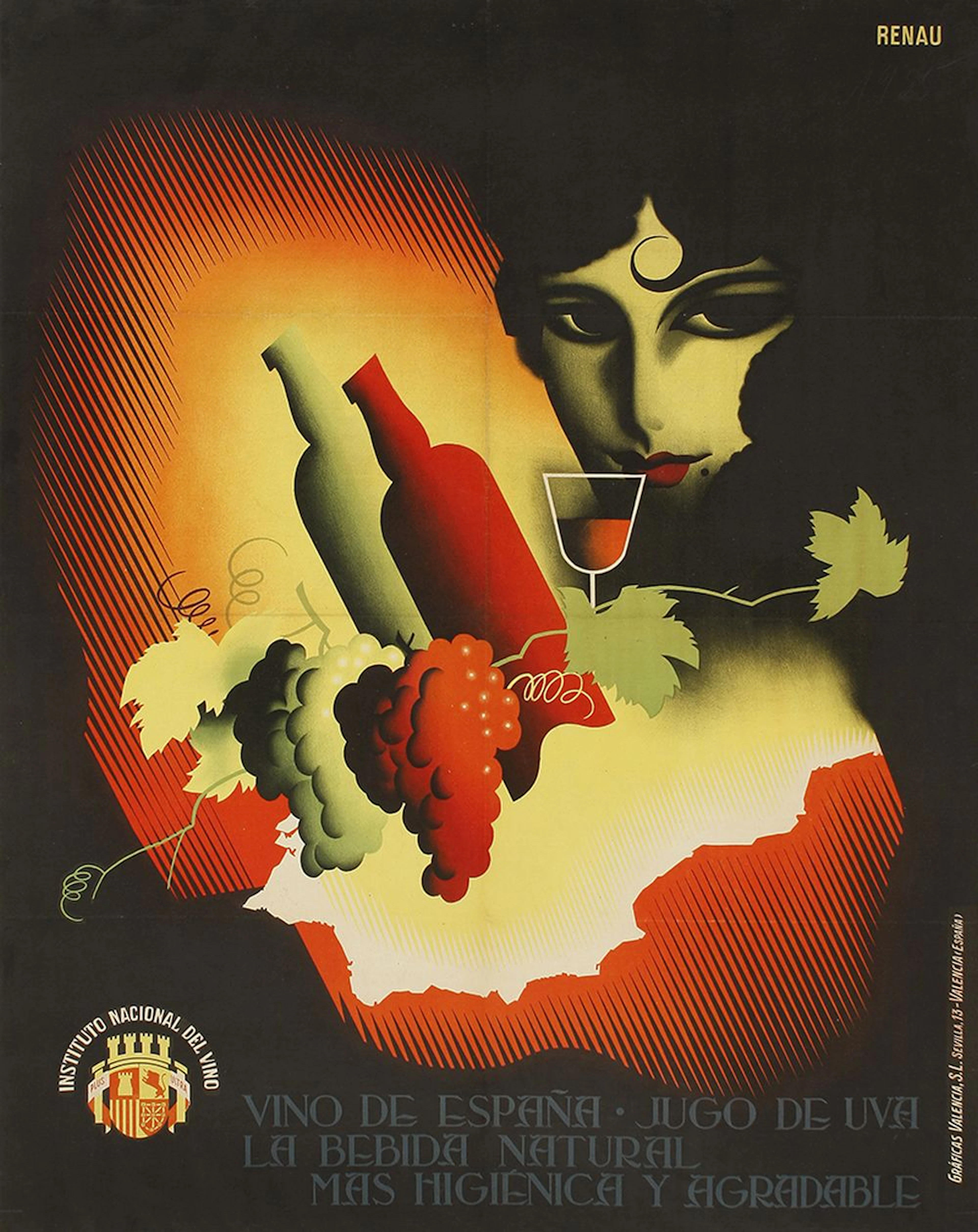 1935 CARTEL: (TURISMO) RENAU: VINO DE ESPAÑA. JUGO DE UVA. I