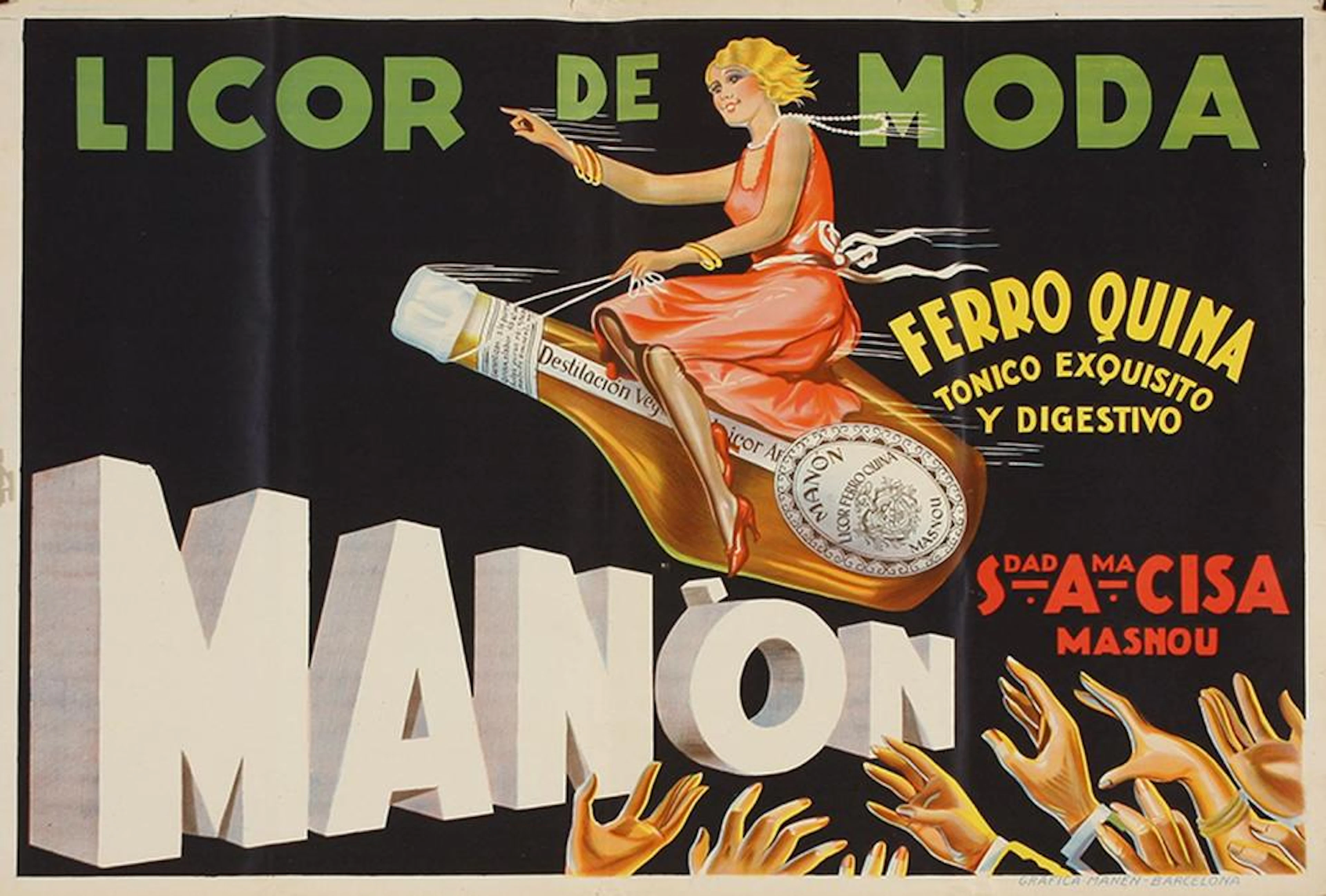 1920 ca. CARTEL: (PUBLICIDAD). LICOR DE MODA MANON. Barcelon