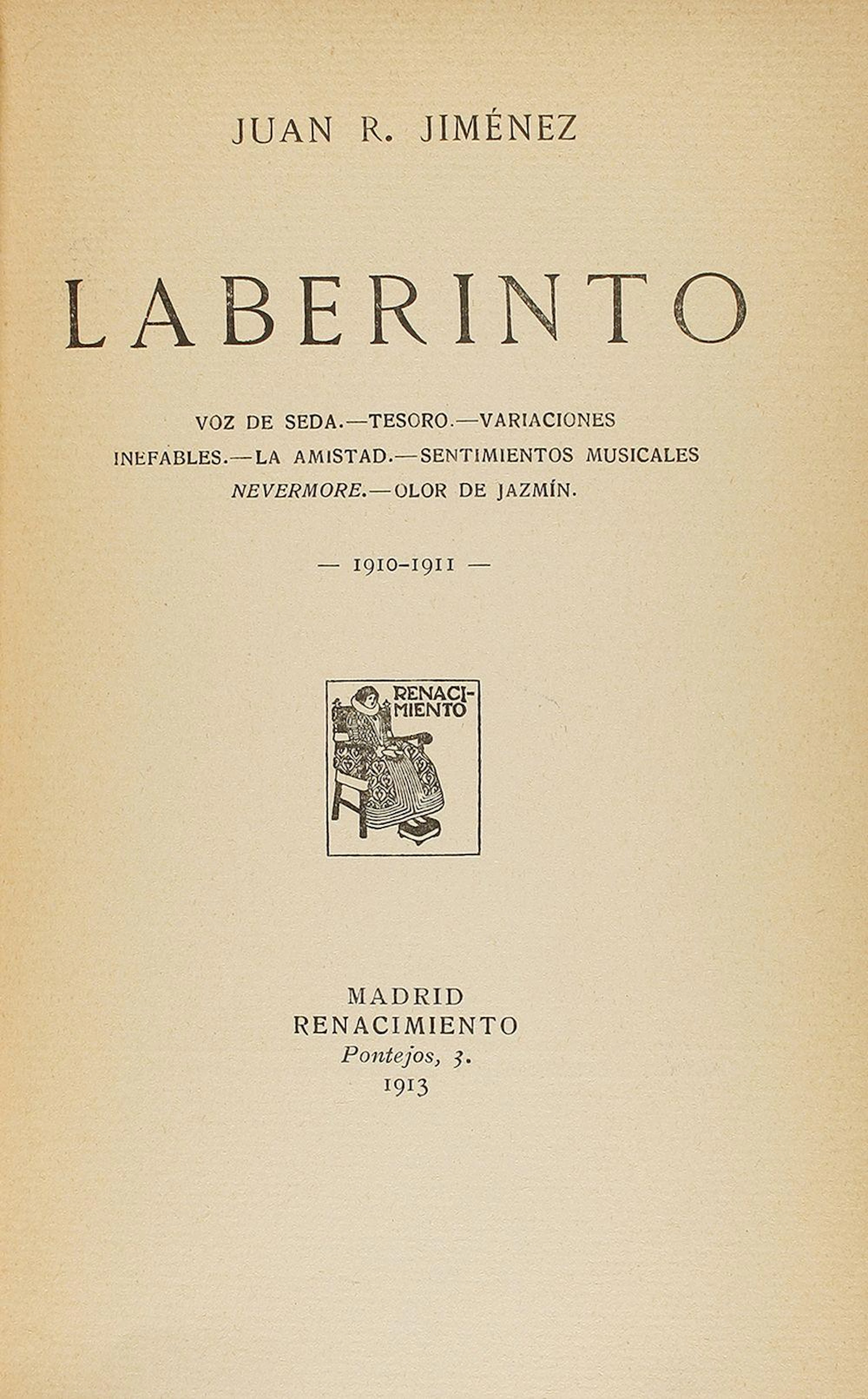 1913. LIBRO: (LITERATURA-SIMBOLISMO). JIMENEZ, JUAN RAMÓN: LABERINTO. Voz d