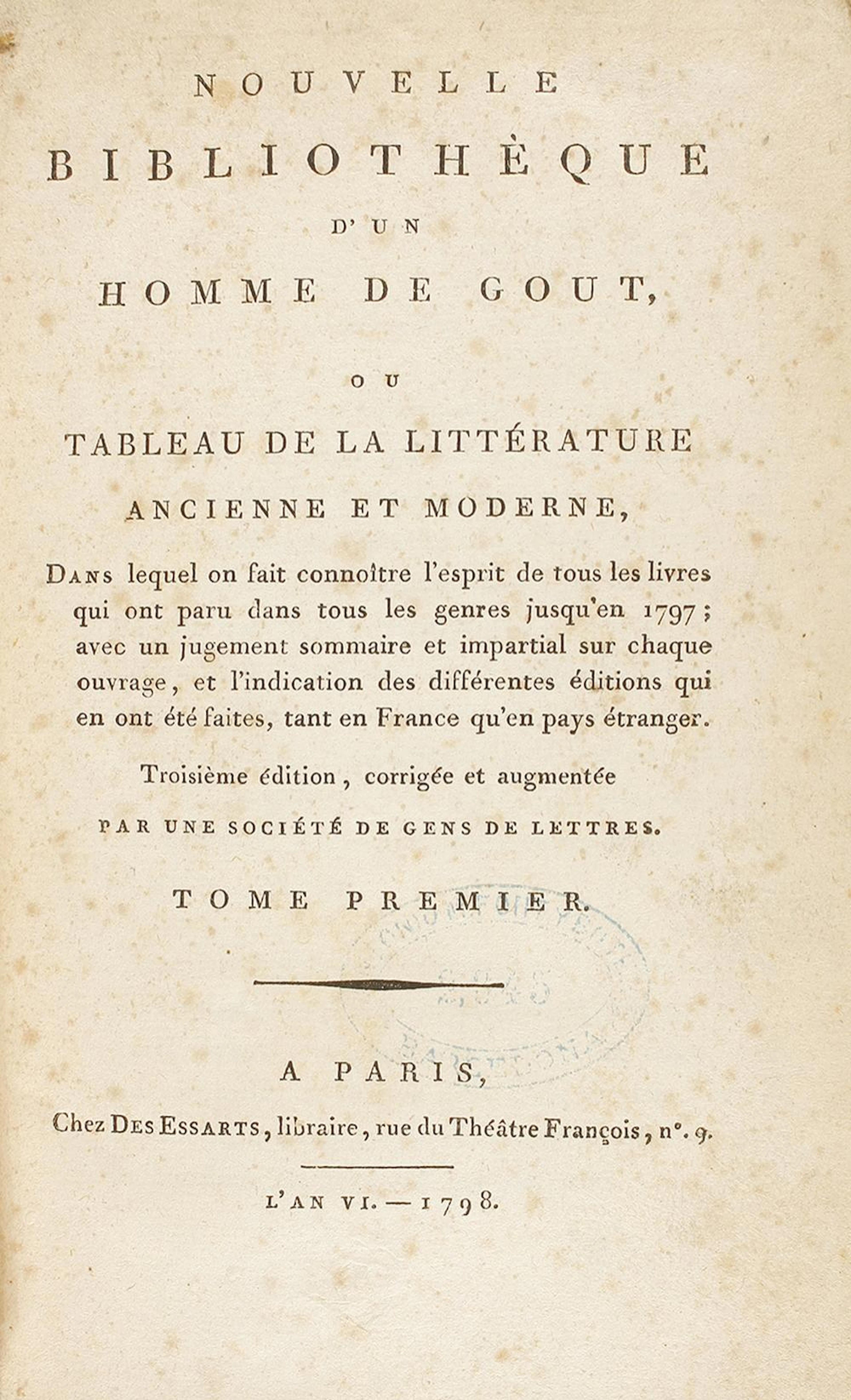 1798-1799. LIBRO: (BIBLIOFILIA). [BARBIER, ANTOINE-ALEXANDRE]: NOUVELLE BIB
