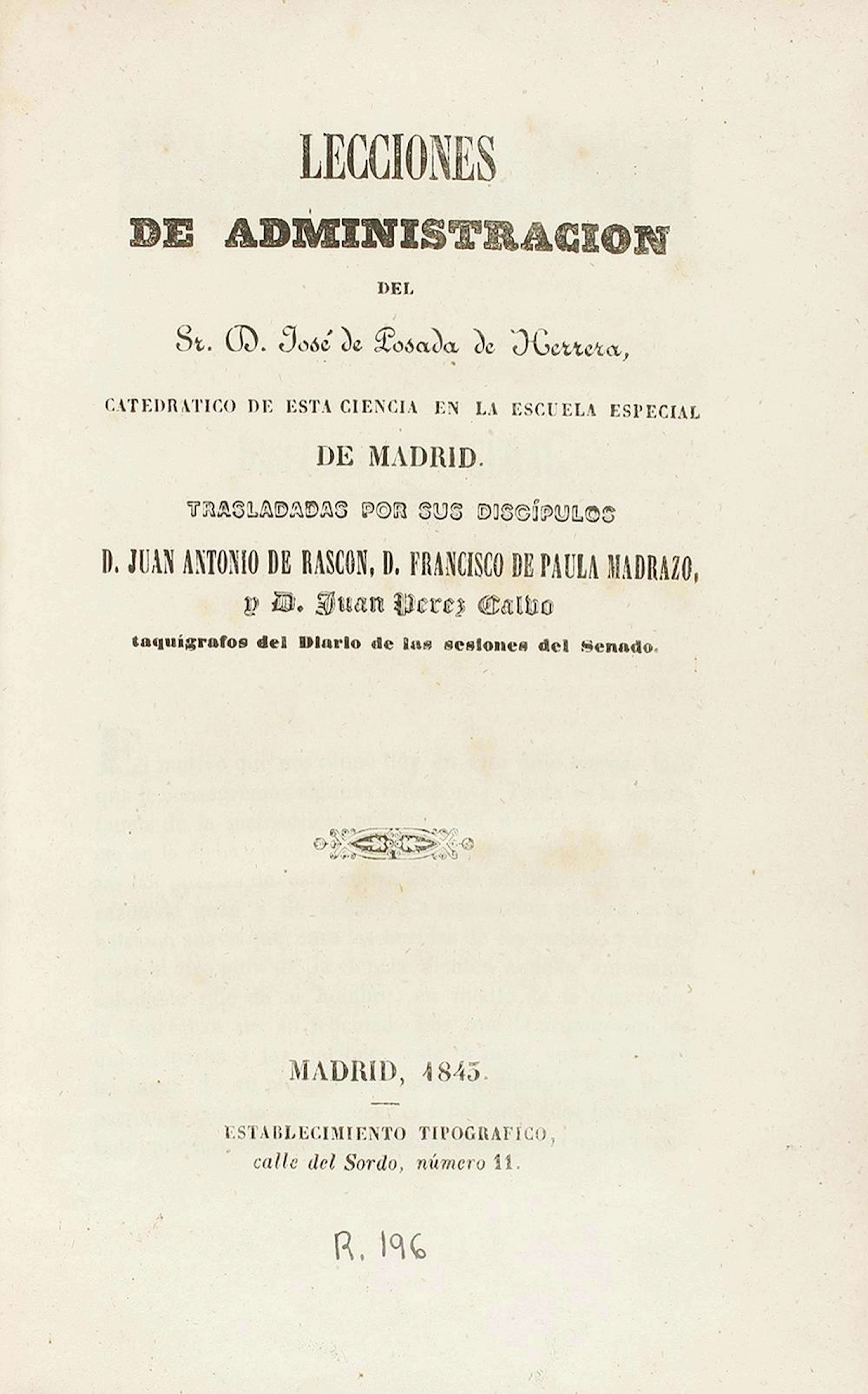 1843. LIBRO: (DERECHO). LOSADA DE HERRERA, JOSÉ DE: LECCIONES DE ADMINISTRA