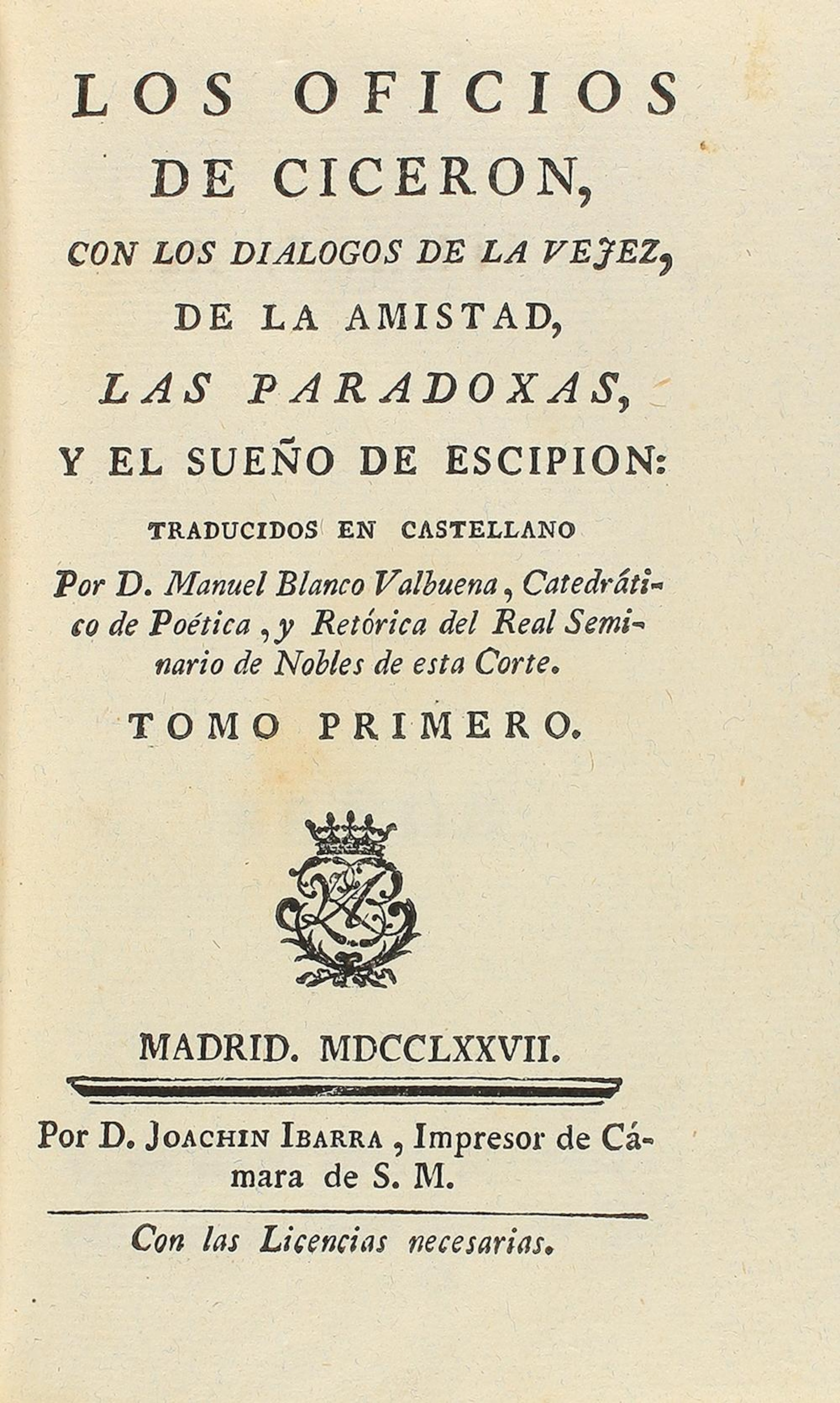 1777. LIBRO: (LITERATURA CLÁSICA). CICERÓN, MARCO ?