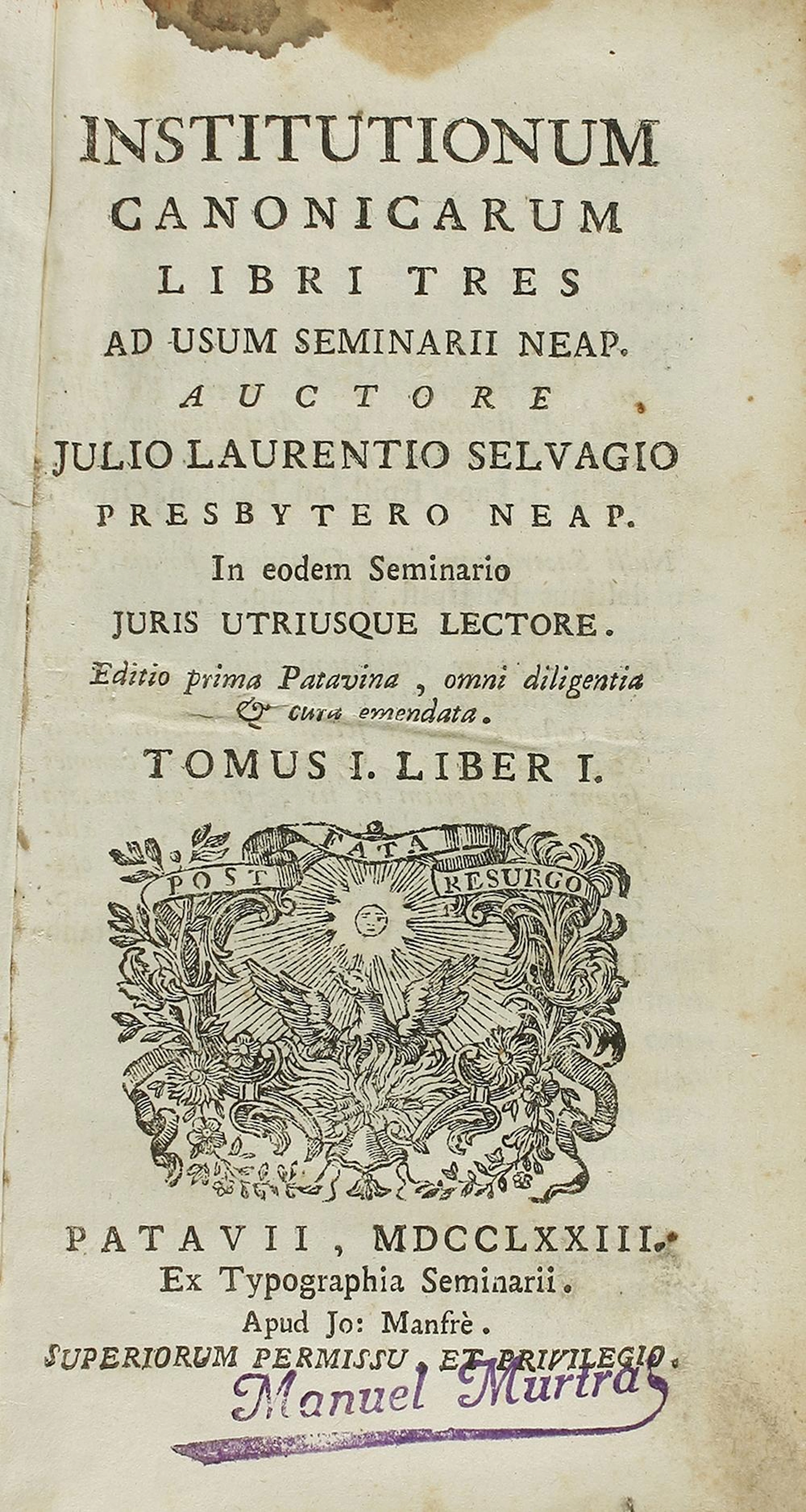 1773. LIBRO: (DERECHO). LAURENTIO SELVAGIO, JULIO;?